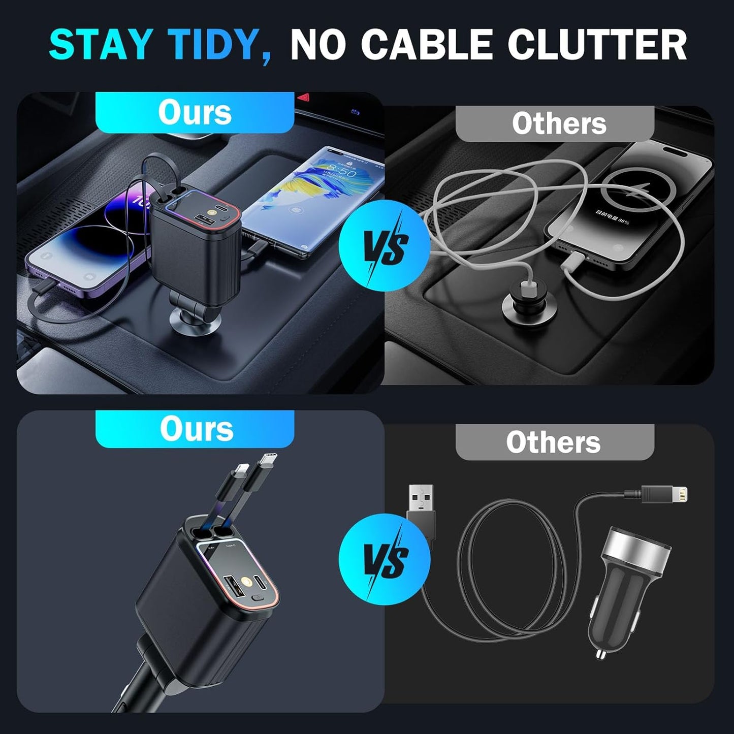 Car Charger with Starlight, 66W USB C Fast Car Chargers Adapter, 4 in 1 Retractable Car Charger with 2 USB Ports for iPhone16/15/14/13/12/11 and for Android (Black)