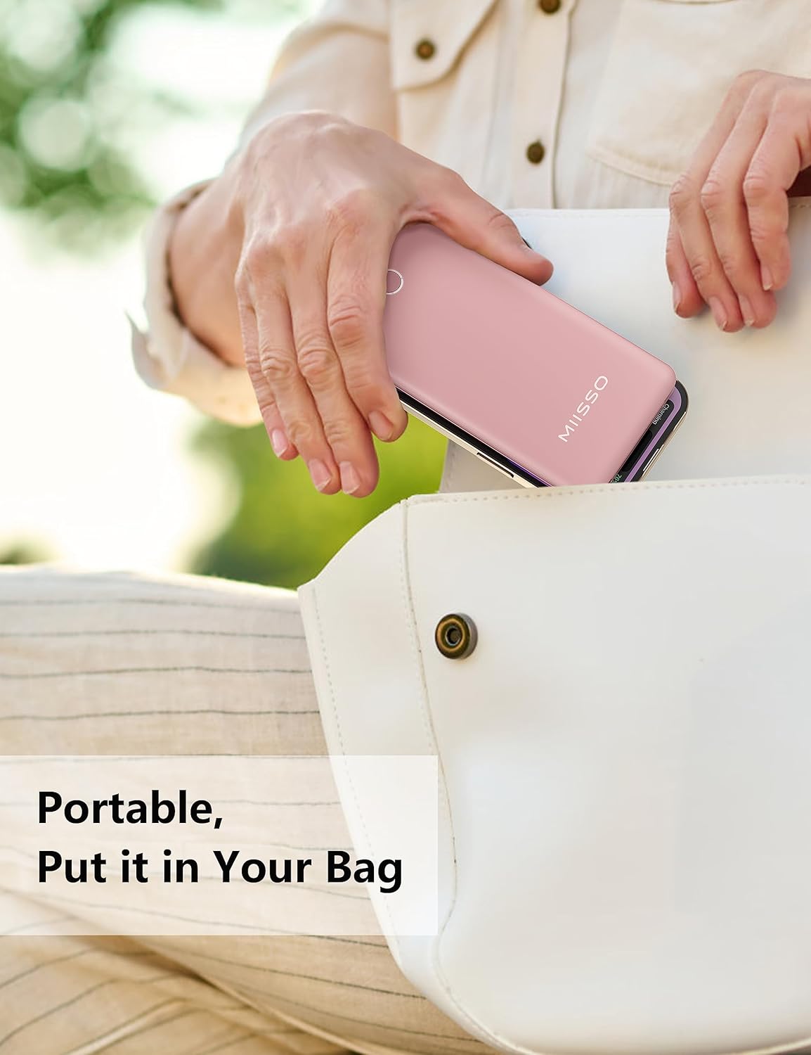 miisso 10000mAh Slim Portable Charger with Built in Cable, Power Bank Travel Charger External Battery Pack for Phone, 4 Output USB Type C Cord Clutch Charger Compatible with iPhone, Light Pink