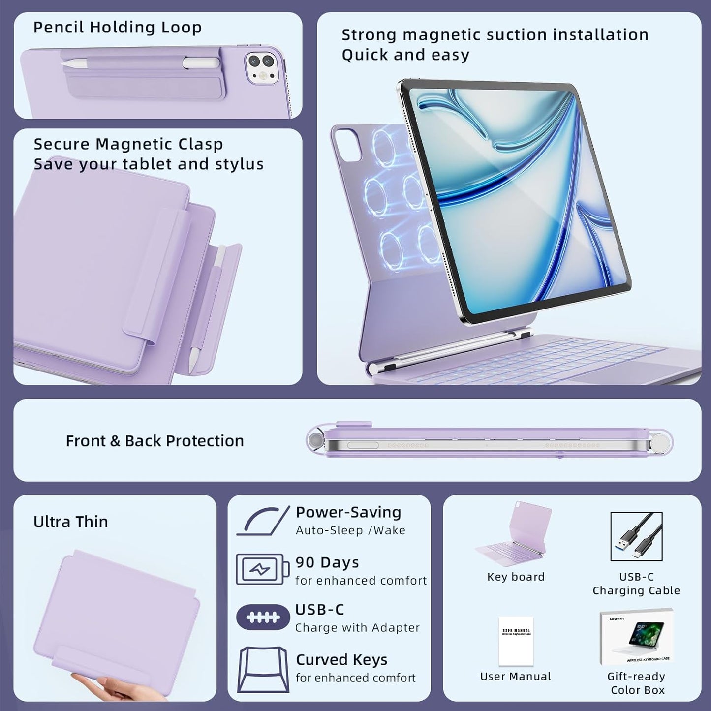 for iPad Air 13 inch Case with Keyboard (M3,2025 / M2,2024), iPad Pro 12.9 (6th/5th/4th/3rd Gen) Magic Keyboard, Springy Backlit Keys, Stain-Resistant Surface, Multi-Touch Trackpad, Purple