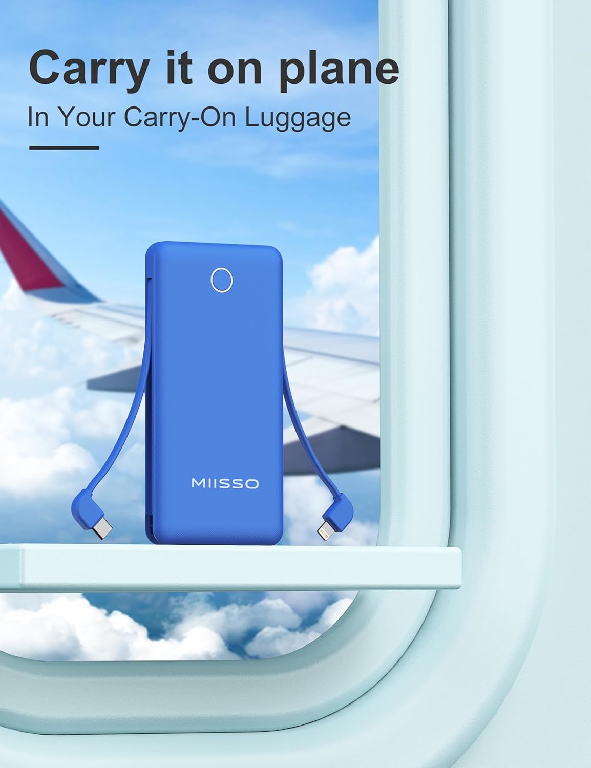 miisso 10000mAh Slim Portable Charger with Built in Cable, Power Bank Travel Charger External Battery Pack for Phone, 4 Output USB Type C Cord Clutch Charger Compatible with iPhone, Deep Blue