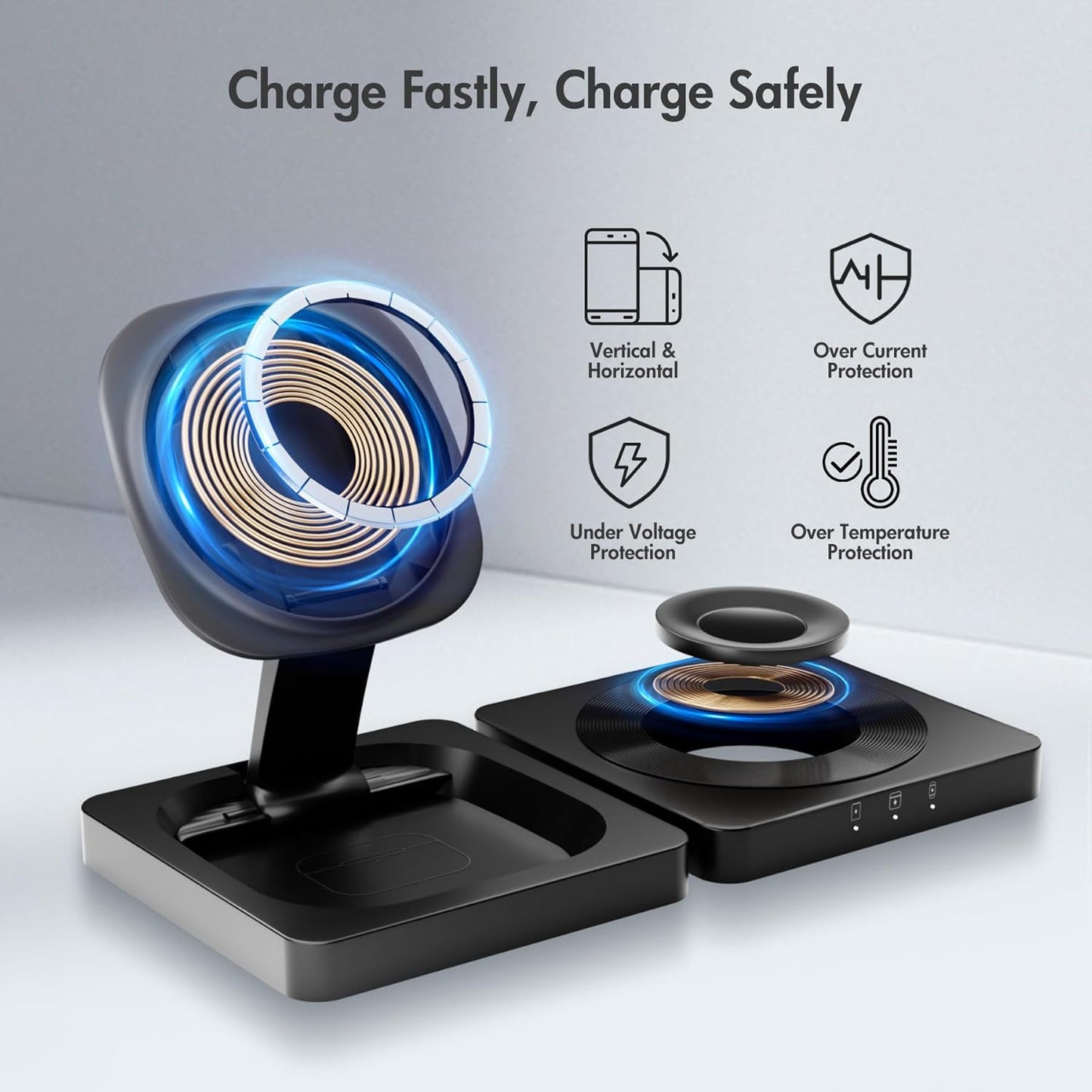 Magnetic Wireless Charger for iPhone: 3 in 1 for Travel 15W Fast Charging Pad Foldable for iPhone 16-12 Pro Max - for Apple Watch Ultra and AirPods Series Magnet Multiple Devices (Dark Black)