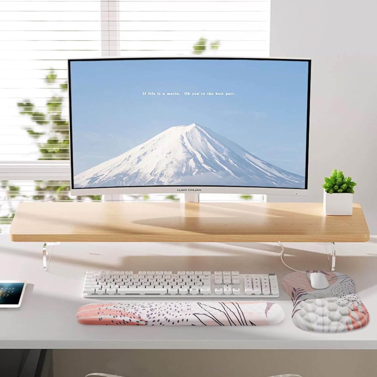 Mouse Pad Wrist Support, 2 in1 Keyboard Wrist Rest+ Ergonomic Mouse Pad, Non-Slip Wrist Rest for Computer Keyboard, Made Easy Typing & Relieve Wrist Pain(Leaf