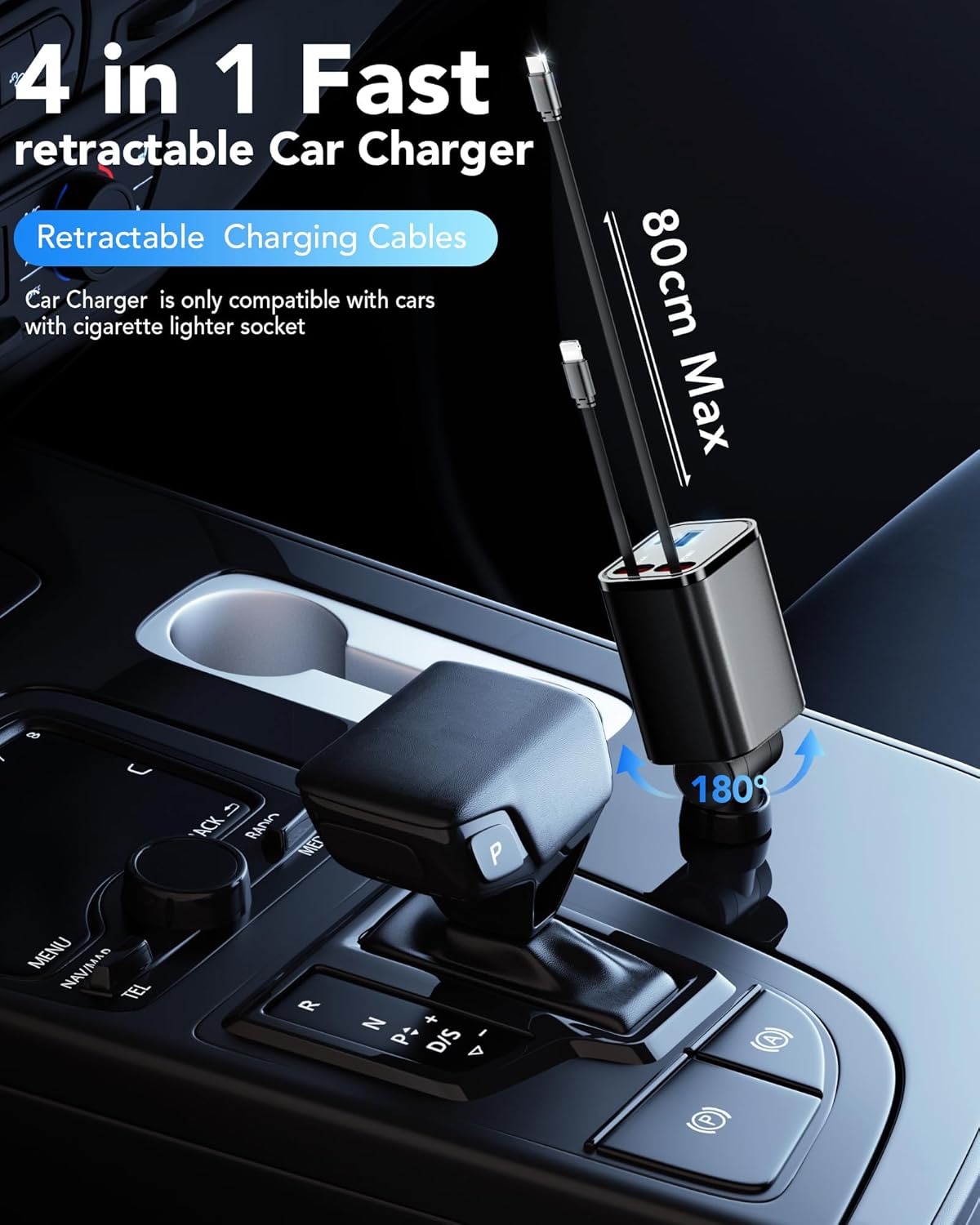 Retractable Car Charger, 4 in 1 Fast Car Charging 60W, Compatible for iPhone 16 Car Travel Essentials Charger, Women Men for Gifts USB C Car Honda Civic Accessories Adapter Compatible for iPhone 16 15