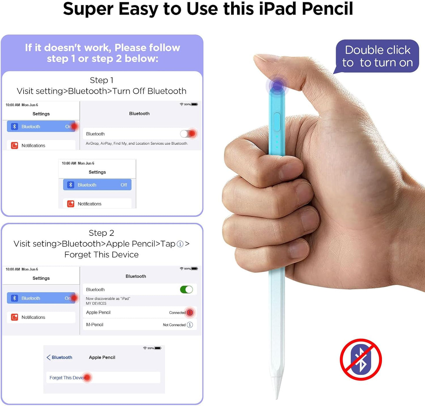 Stylus Pencil for iPad 2018-2024, 15Mins Fast Charge, Palm Rejection, Tilt Sensitivity - Compatible With iPad 10/9/8/7/6, Pro 12.9"/11"/13" M4, Air 5/4/3/11"-13" M2, Mini 6/5