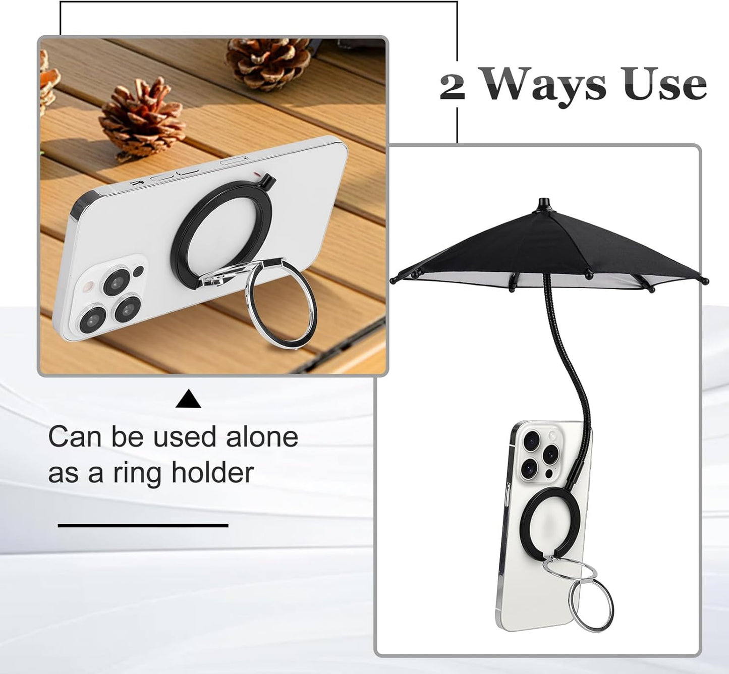 Magnetic Umbrella Phone Stand for Sun Protection,Adjustable Sun Shade Shield for iPhone 16/15/14/13/12 Pro Max,Samsung & Google,Detachable Ring Stand,Heat-Resistant Design,Car Mount Compatible, Black