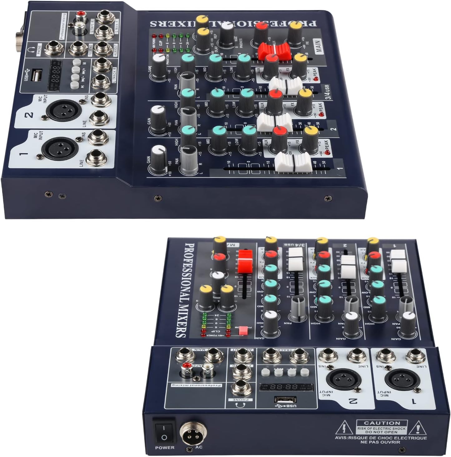 Dj Mixers 4 Channel Audio Mixer Sound Board with Bluetooth, Usb Audio Interface with 48V Phantom Power Sounds Mixer Board with FX Reverb Delay Effect for Streaming