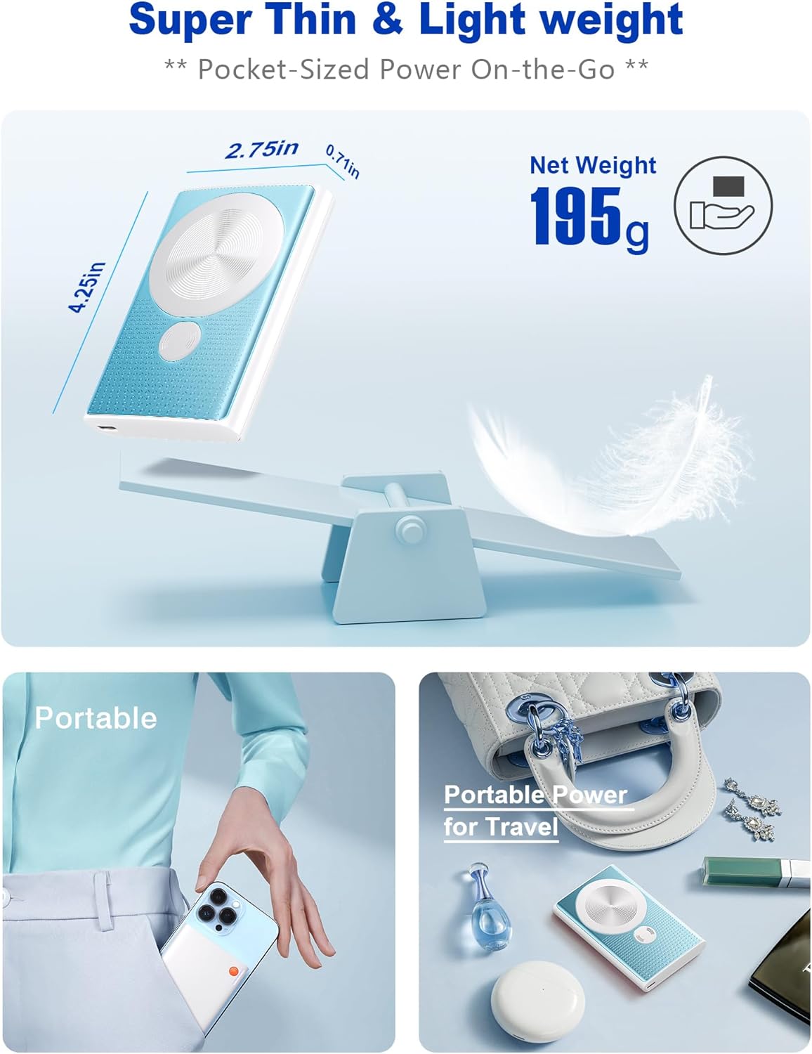 Kesguar Magnetic Portable Charger, 10000mAh 22.5W PD Super Fast Charging Wireless Power Bank. Ultra-Strong Magnet, USB C in&Out Battery Pack for Magsafe, iPhone 16/15/14/13/12 Pro Series, Blue