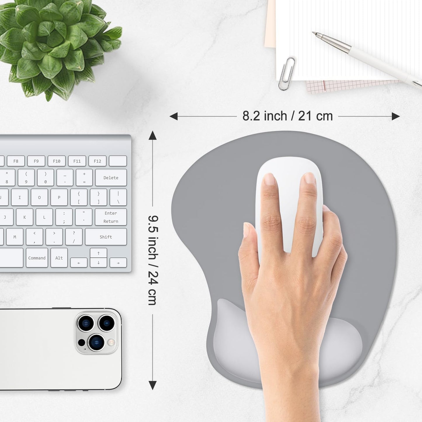 ITNRSIIET Ergonomic Mouse Pad, Cushioned Gel Wrist Rest, Non-Slip Base, Smooth Surface, Compatible with All Mice for Office & Gaming, Desk Accessory, 9.5 x 8.2 inch, Light Gray Accent