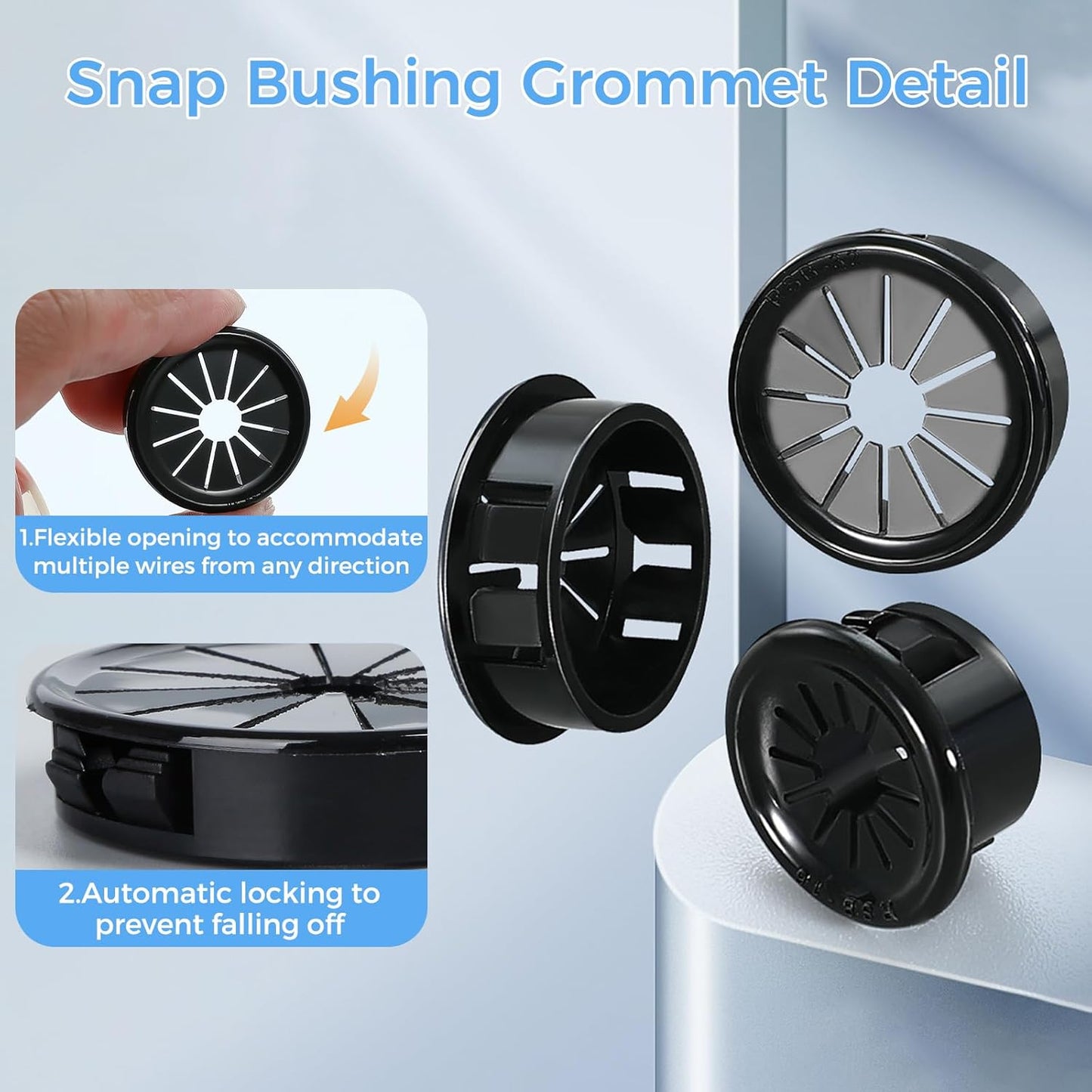 50 Pcs Cable Grommet, Snap Bushing 5/8" (16 mm) Mounting Diameter, Flexible Petal-Shaped Buckle Round Nylon Desk Grommet for Wires Through Countertop Cord Organizer and Protection, Black