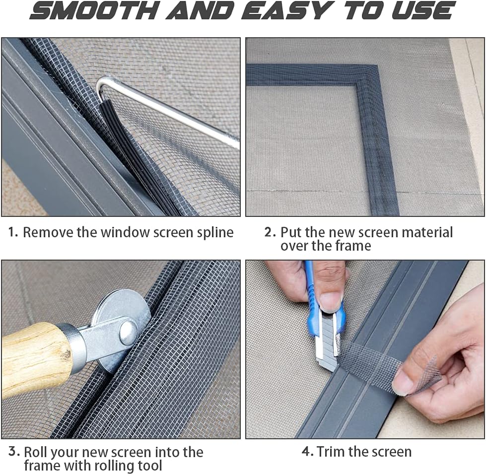 Screen Repair Kit Easy DIY Project 36" x 90" Fiberglass Screen Mesh with Rolling Tool and Screen Retainer Spline Screen Replacement kit for Windows Sliding Doors and Patio Screens (36" x 90", Gray)