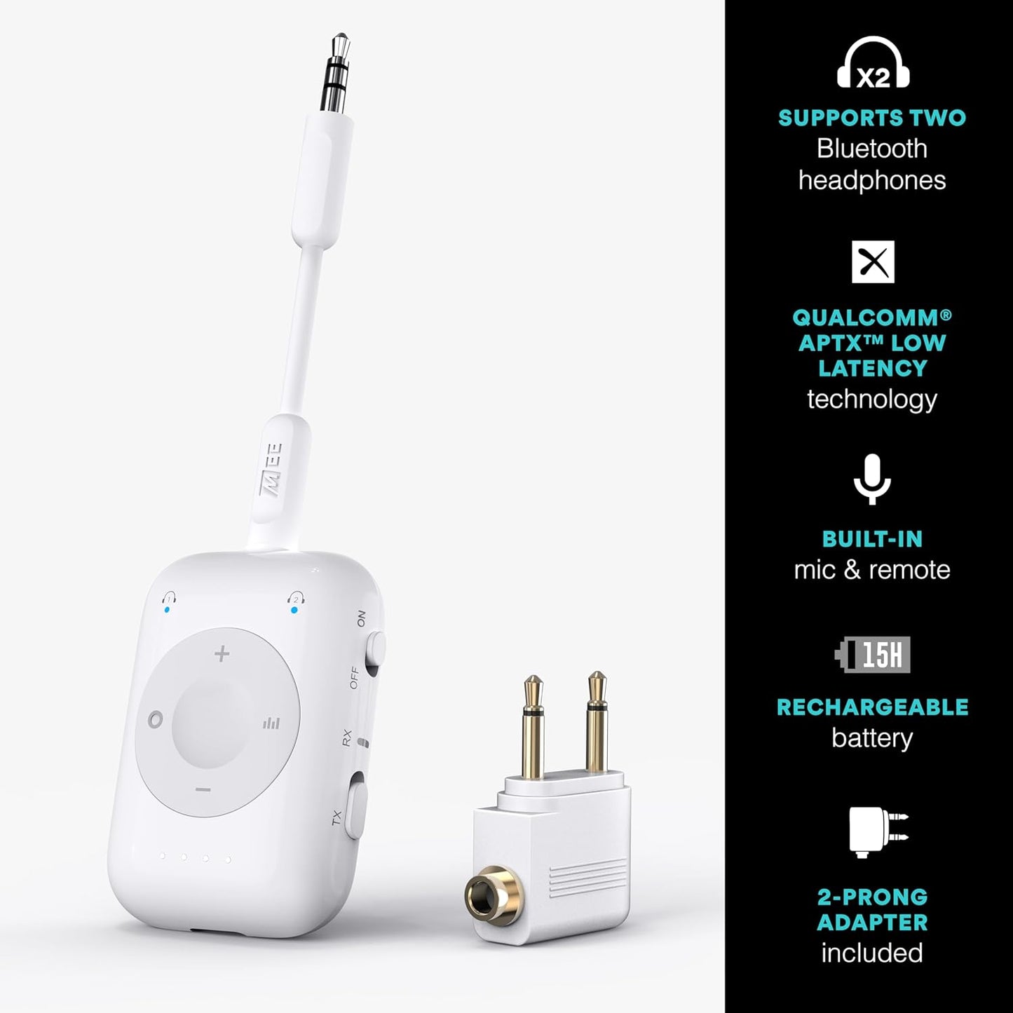 MEE audio Connect Air Pro Bluetooth Wireless Audio Transmitter & Receiver for AirPods or Bluetooth Headphones, 2-in-1 Adapter with Detachable Cable 3.5mm Aux Audio Jack for Airplanes, Auto, Gym, White