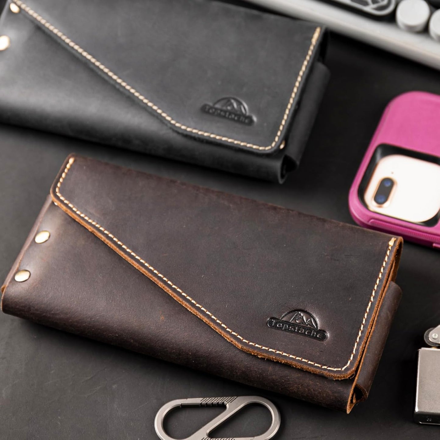 Topstache Leather Phone Holster with Belt Loop, Magnetic Closure Cell Phone Pouch Card Holder Wallet, Handmade Holder for iPhone 13 Pro Max, S22 Ultra, Dark Brown