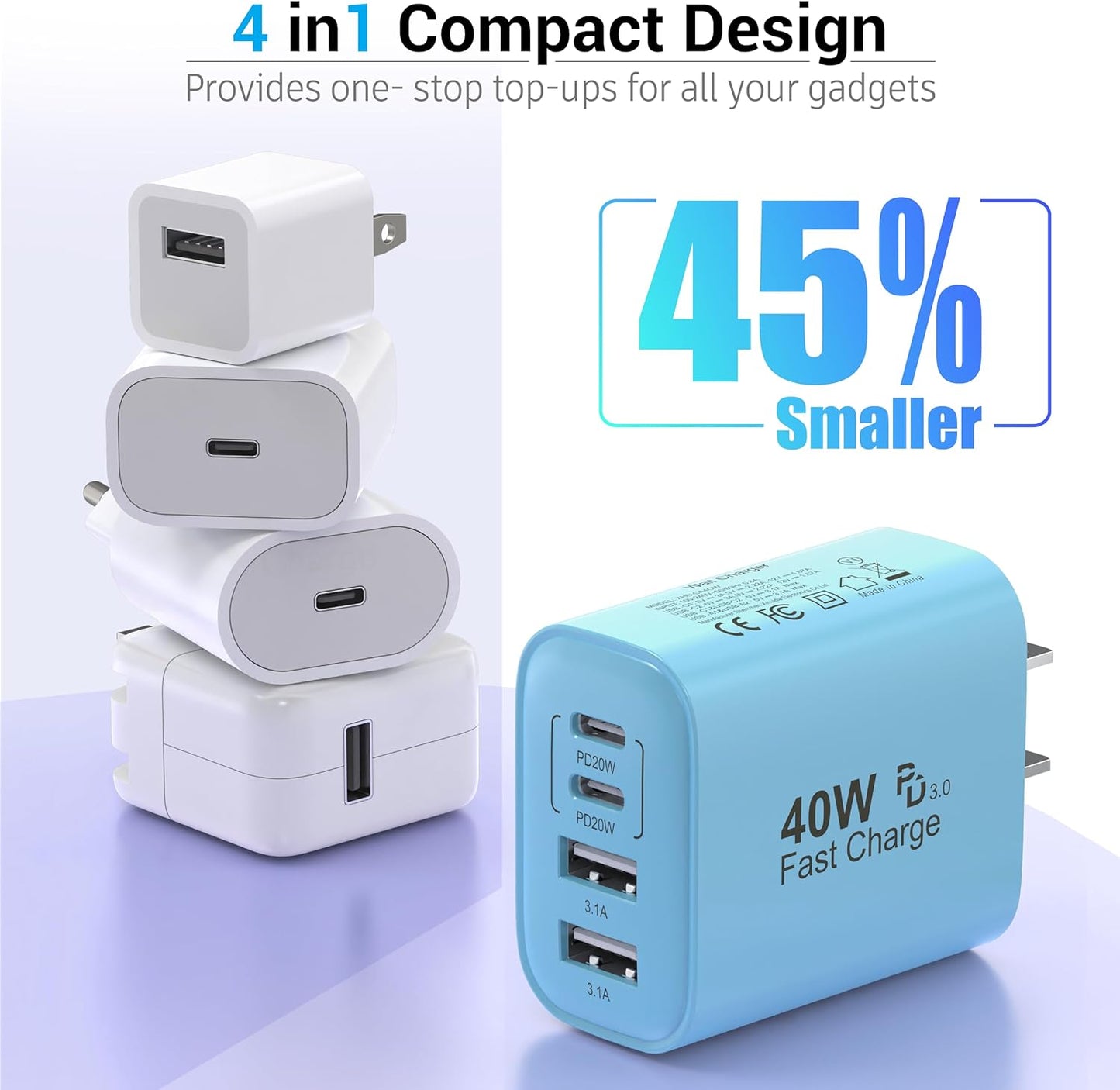 USB C Block 40W, 4 Ports Wall Plug Fast Charging Block, PD+QC Multiport Power Adapter USB C Charger Type C for iPhone 16,15,14,13,12,11, Pro Max, X, Xr, Xs, 8, 7, Watch, Galaxy Phones (Blue 1Pack)