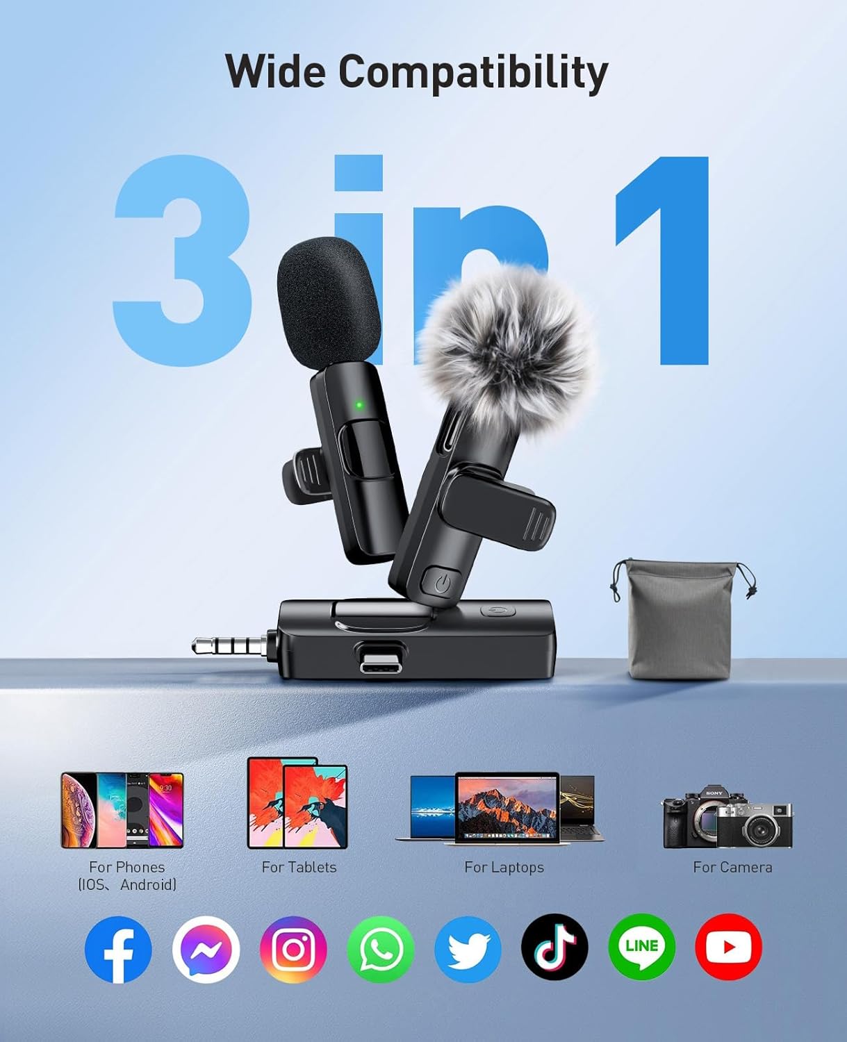 3-in-1 Mini Microphone for iPhone: Wireless Lavalier Microphones for iOS/Android/Camera - Noise Reduction Lapel Mic forLive Stream - HiDefSound for Video Mavericks