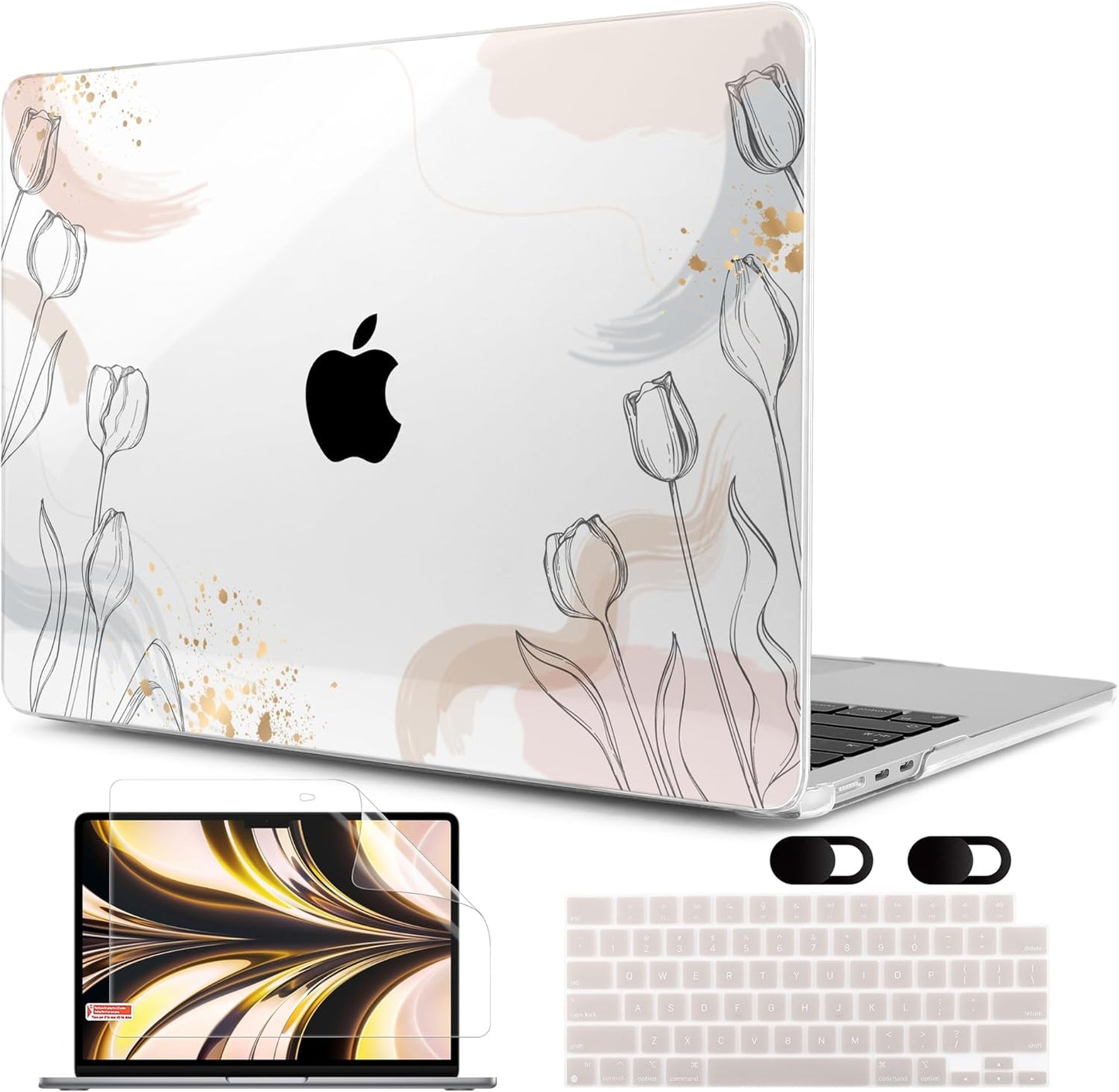 MEEgoodo Case for MacBook Air M4/M3/M2 13.6 inch 2025 2024 2022, Fit Model A3240 A3113 A2681, Compatible with MacBook Air 13 inch,Laptop Hard Shell Case with Keyboard Cover,Engraving Hand Drawn Floral
