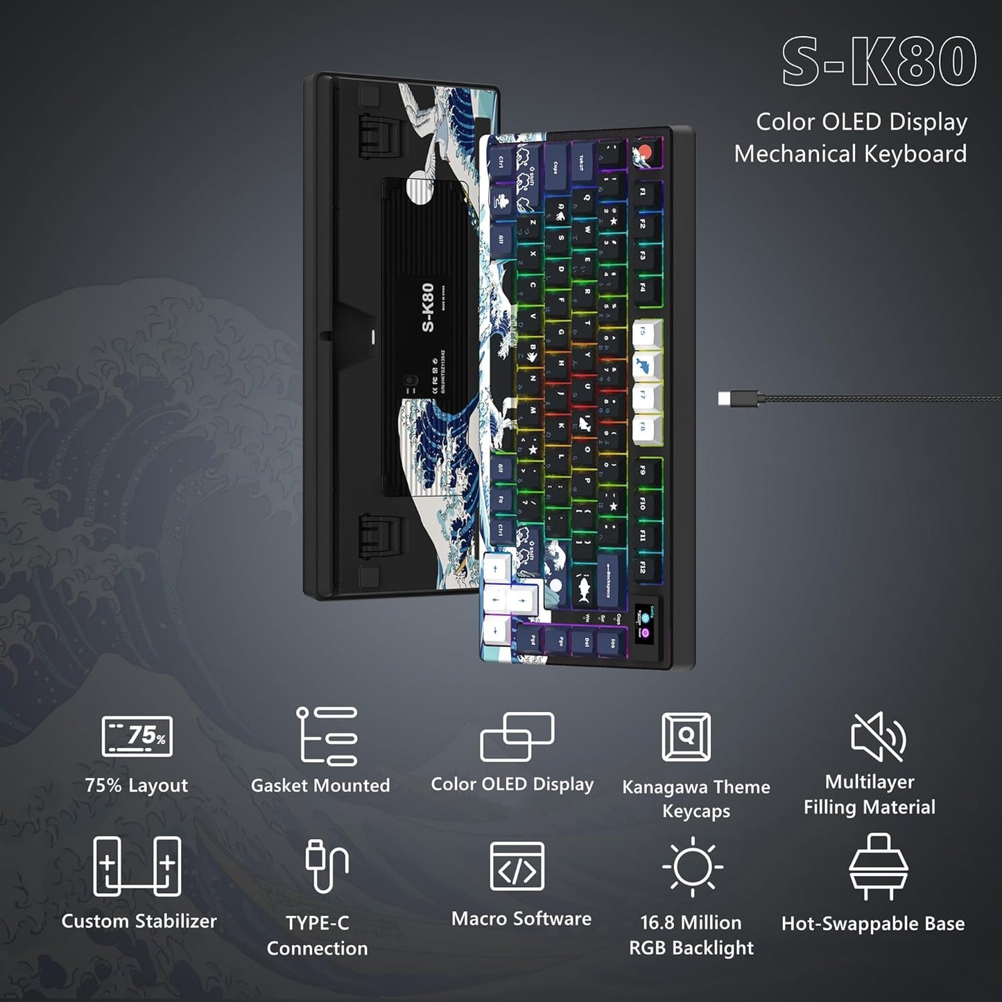Womier S-K80 75% Keyboard with Color Multimedia Display Mechanical Gaming Keyboard, Wired Hot Swappable Gasket Mount RGB Custom Key Board, Pre-lubed Stabilizer for Mac/Win, Black Kanagawa