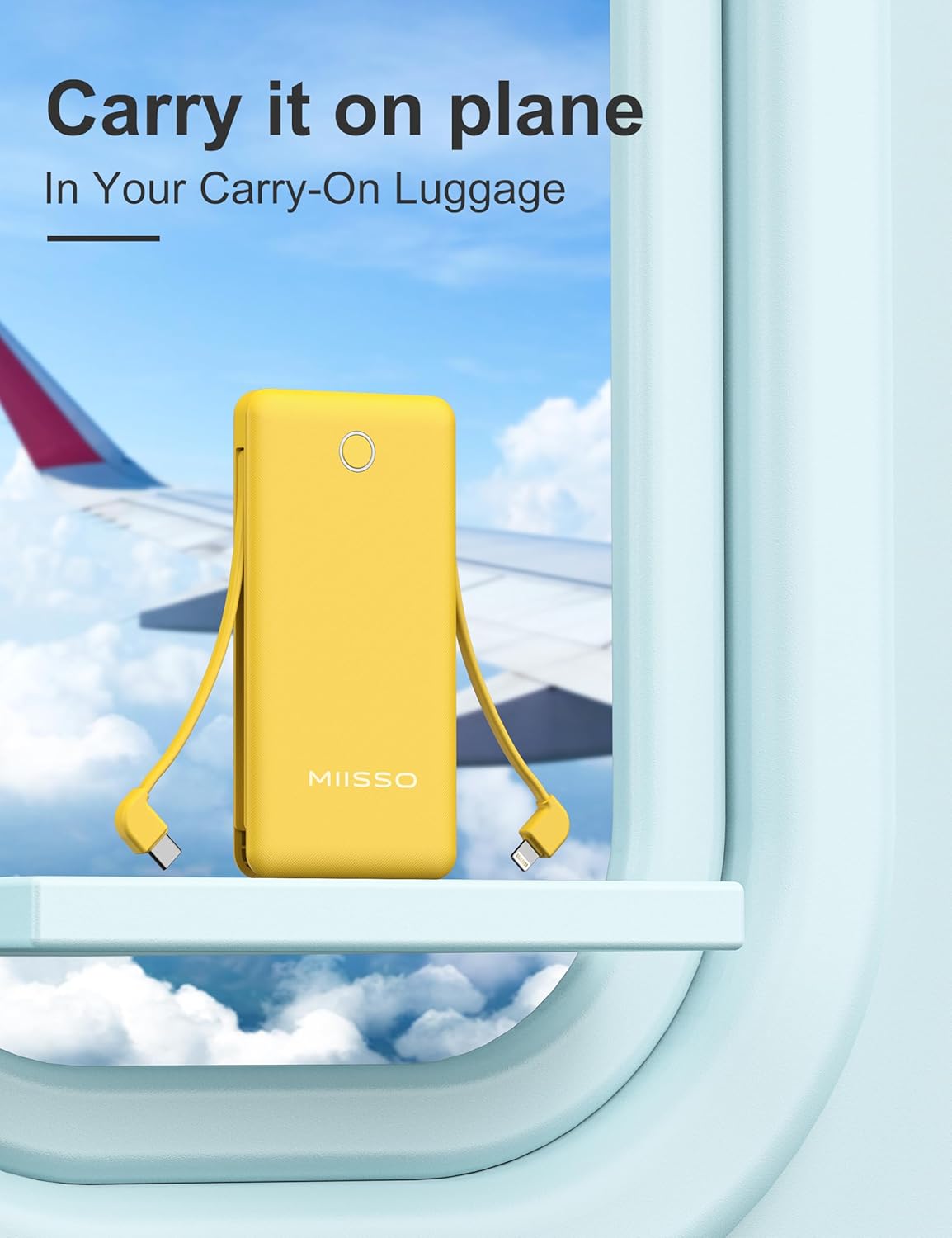 miisso 10000mAh Slim Portable Charger with Built in Cable, Power Bank Travel Charger External Battery Pack for Phone, 4 Output USB Type C Cord Clutch Charger Compatible with iPhone, Yellow