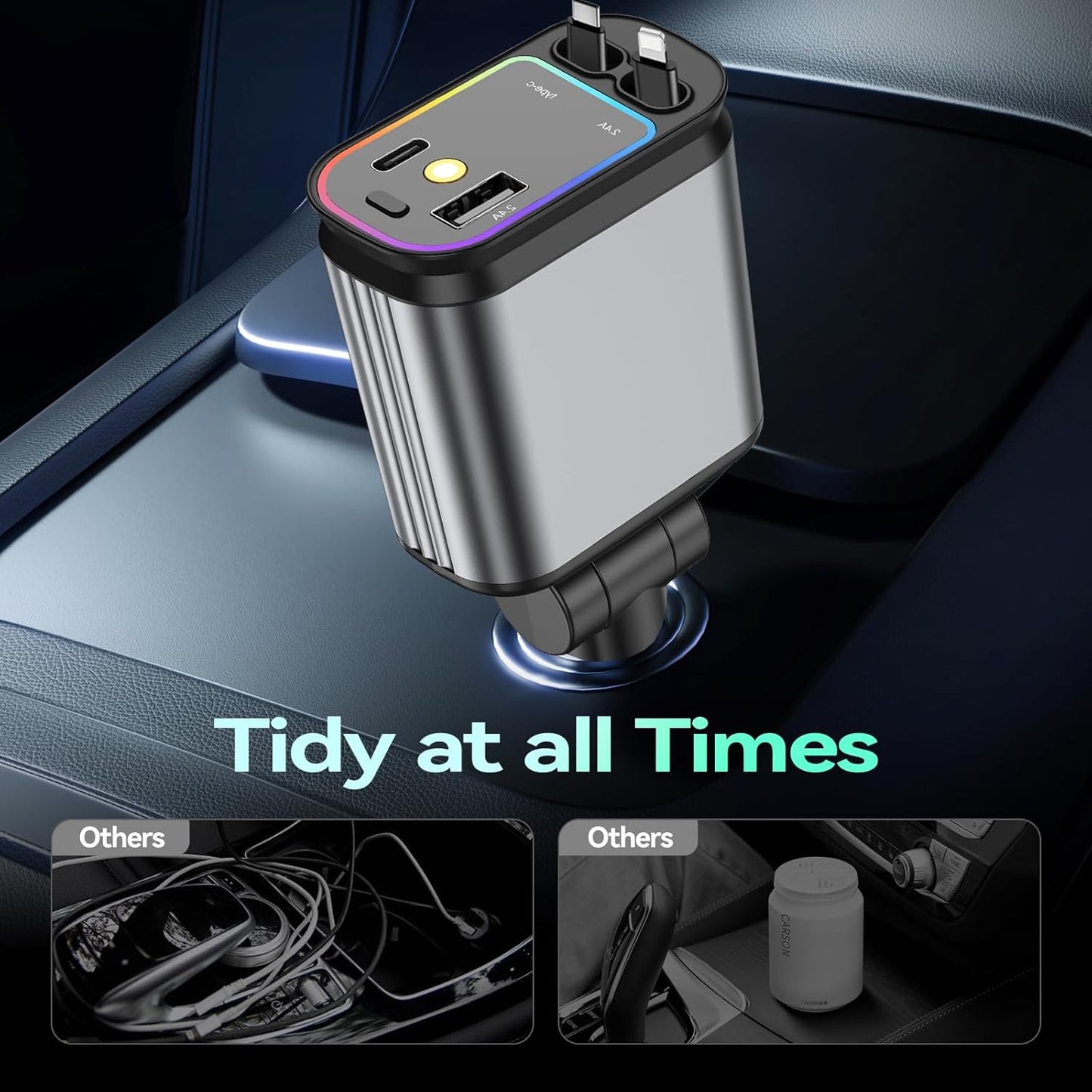 Fast Car Charger with Starlight, 4 in 1 Retractable Car Charger, 69W USB C Adapter, Cars Accessories with Starlight Roof, 2 USB Ports Phone Cars Chargers Compatible with iPhone 16 15 14 and Android