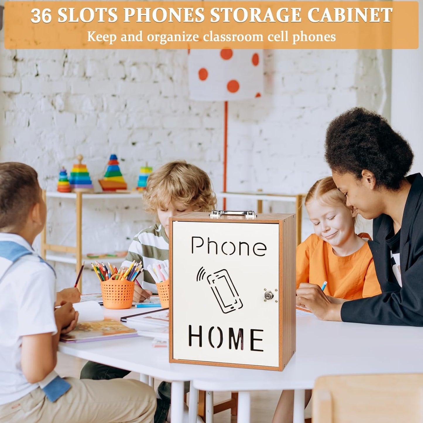 Cell Phone Holder Classroom 36 Slots Wooden Cell Phone Storage Cabinet Pocket Chart with Handle and Security Lock for Classroom Office (36 Grid Cabinet Cherry)
