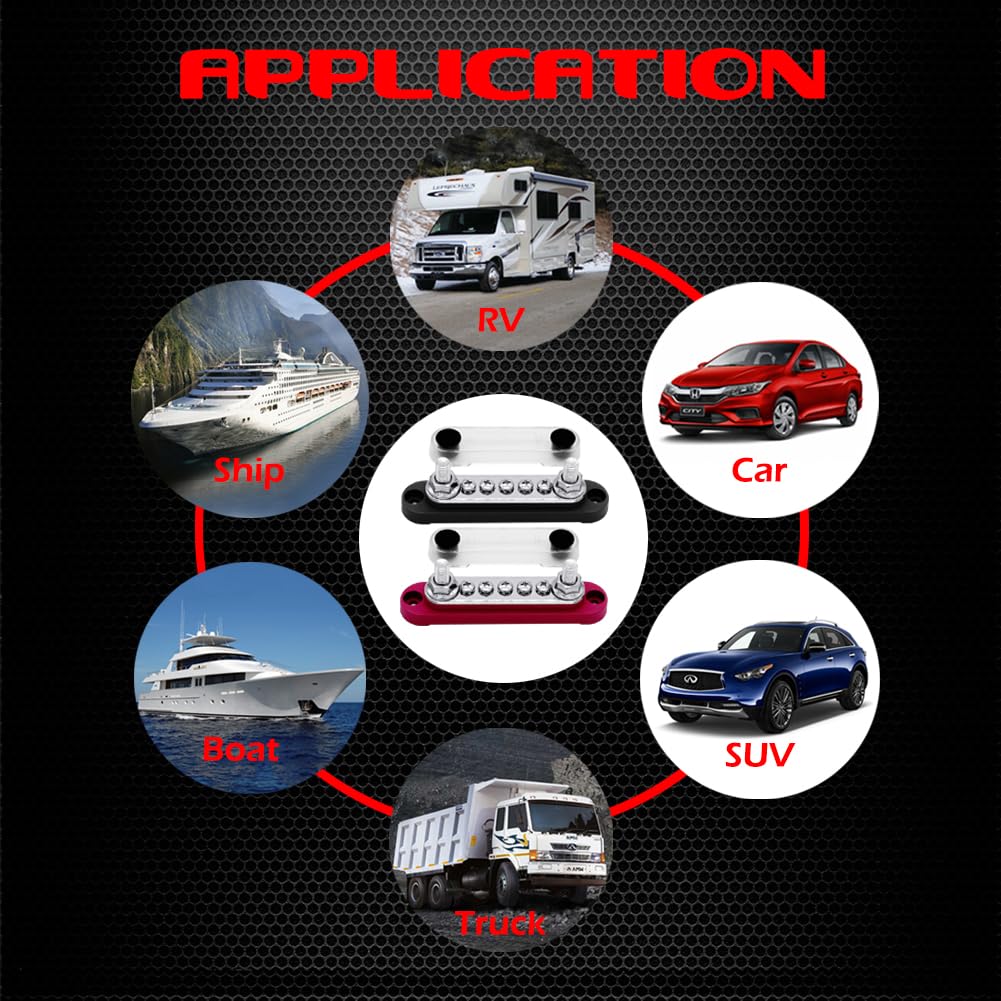 2 x M8 (5/16") Power Distribution Block Bus Bar 12V with 5 x M4 (#8) Screws, Ampper 4.3" 200A Marine BusBar Battery Distribution Block W/Cover for Car Boat Solar (Red & Black)