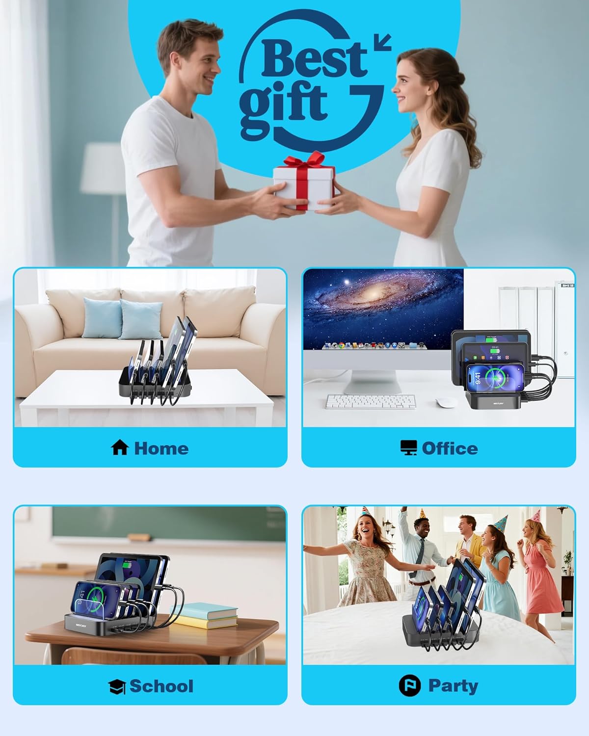 MSTJRY Charging Station for Multiple Devices : 5 Port Multi USB-A Charger Stations Multi-Device Organizer Charging Dock Designed for iPhone iPad Cell Phone Tablets (7 Short Cables Included), Gray