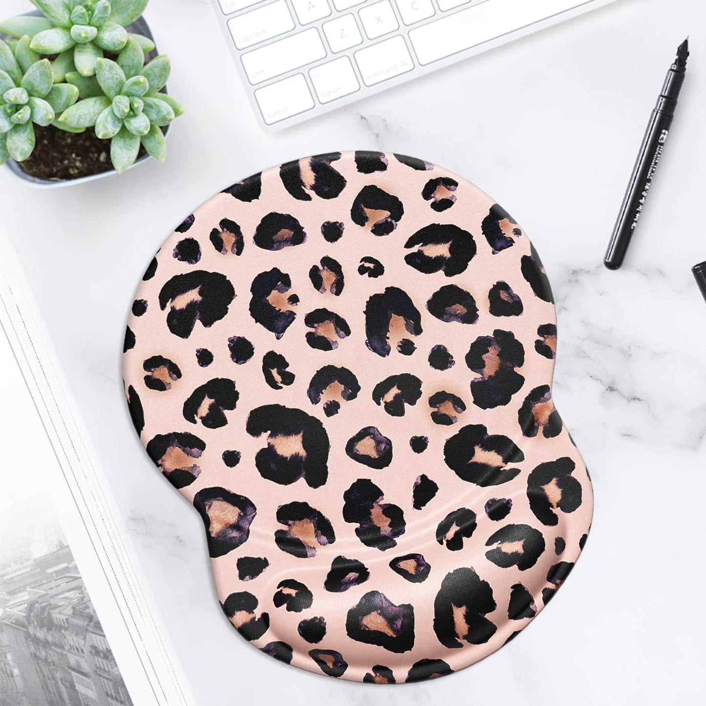 ITNRSIIET Ergonomic Mouse Pad with Gel Wrist Support Small Wrist Rest Smooth Surface Non-Slip PU Base Comfortable Office Supplies Pain Relief, 8.7 x 7.2 inches, Leopard Black Purple
