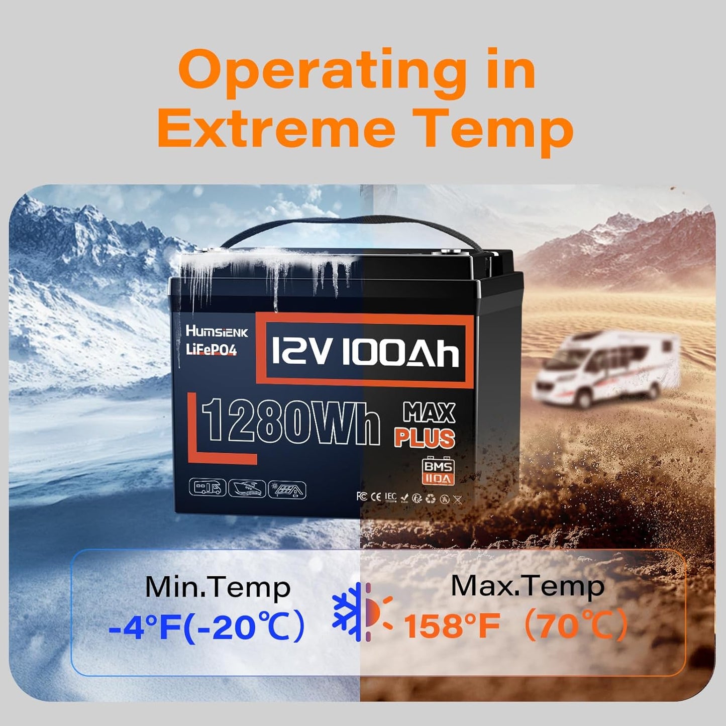 12V 100Ah LiFePO4 Battery MAX PLUS 2 Pack - 110A BMS with Low Temp Cutoff | 15000+ Deep Cycles for RV Solar Marine Trolling Motor | Off-Grid Backup Power Rechargeable Lithium Iron Phosphate Battery