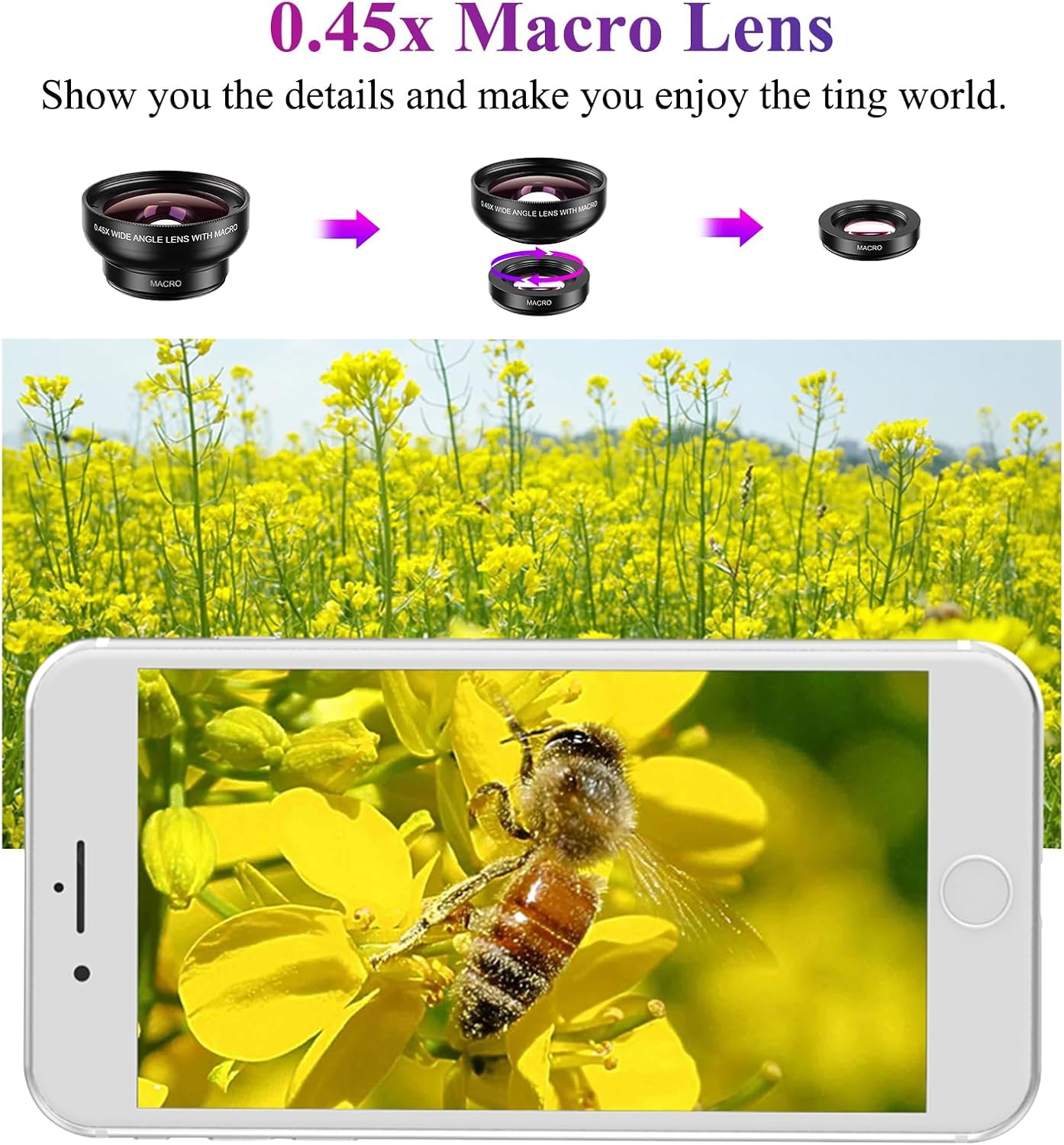 Apexel Phone Camera Lens, 2 in 1 Cell Phone Clip-on Lens Kit 0.45X Wide Angle Lens 140°+ 12.5X Macro Lens Clip-on iPhone Lens for iPhone Samsung and Most of Android Smartphone