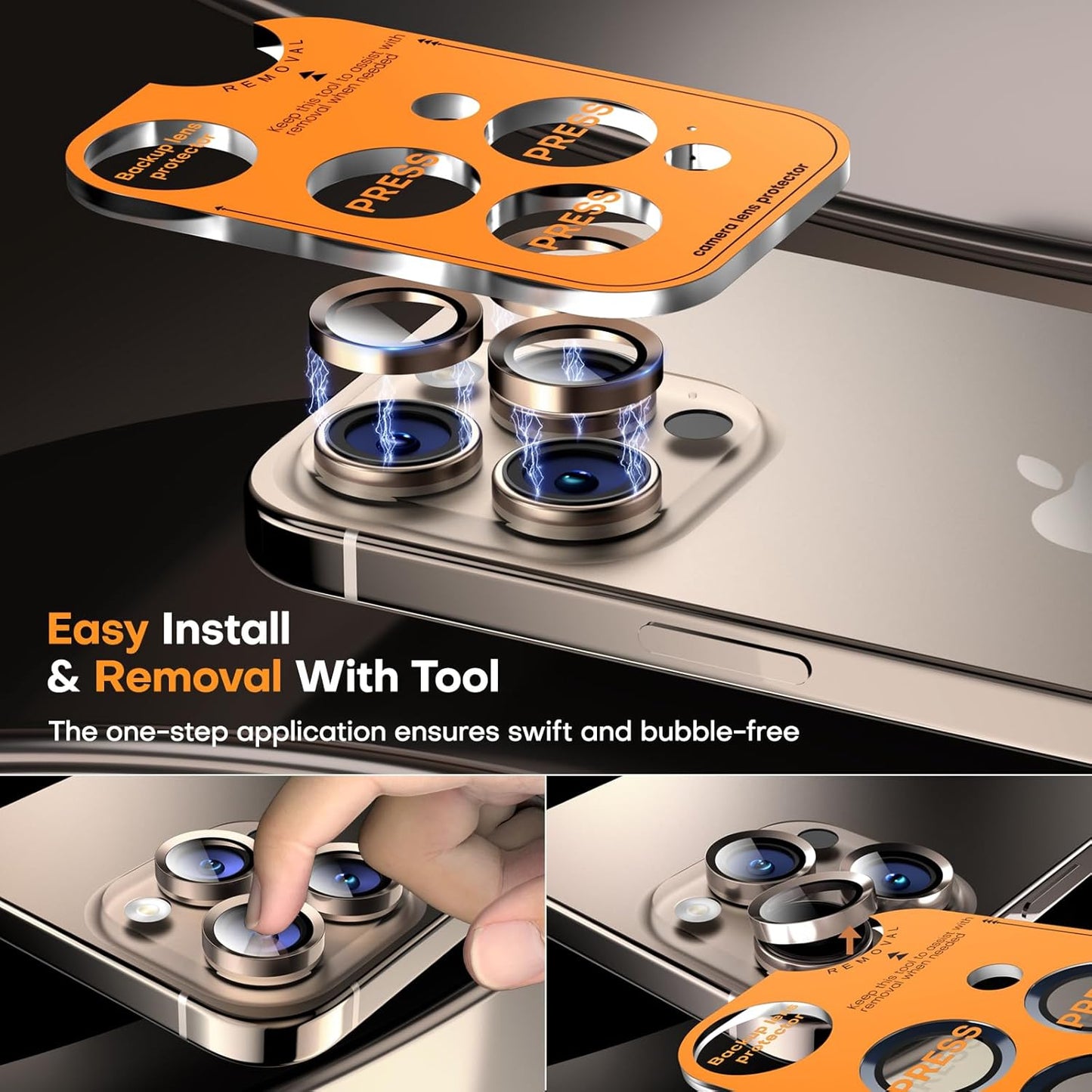 Camera Lens Protector for iPhone 16 Pro Max/16 Pro/15 Pro Max/15 Pro/14 Pro Max/14 Pro, Sapphire Glass Metal Individual Camera Cover Screen, Anti-drop, Case Friendly- Desert Titanium