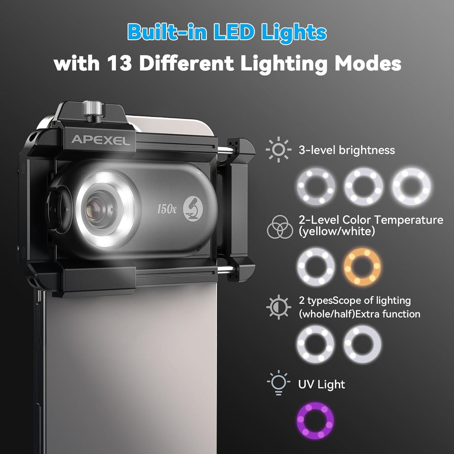 APEXEL 3-in-1 Phone Microscope Lens, 100X/150X/200X Nano Zoom Phone Micro Lens for Android/iPhone with LED UV Light/CPL/Universal Clip, Mini Pocket Digital Microscope, Portable Smartphone Camera