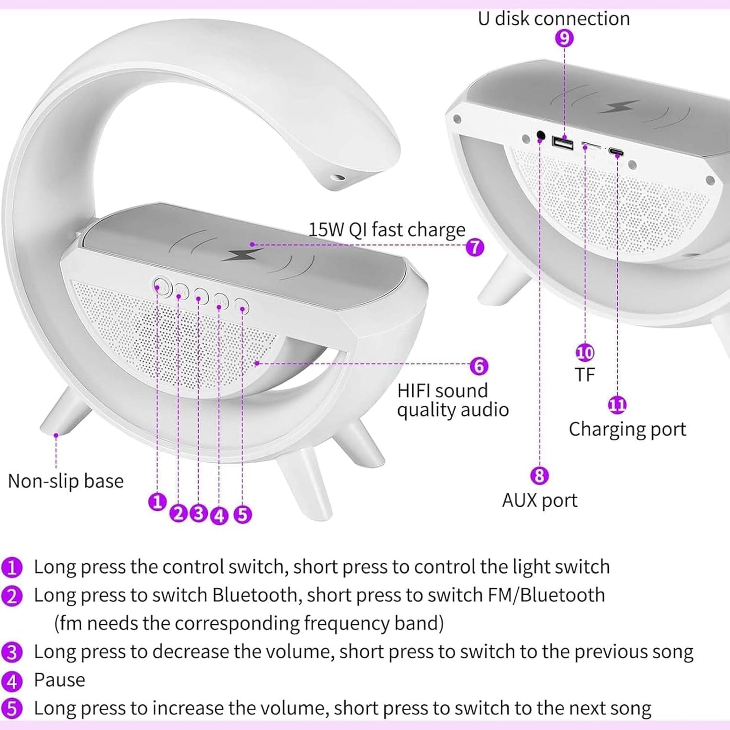 Table Lamp with Bluetooth Speaker, G Bedside Lamp with 15W Wireless Charger, Atmosphere Desk Lamp with Alarm Clock, RGB Bedside Nightstand Lamp, Hi-Fi Sound, Time Display