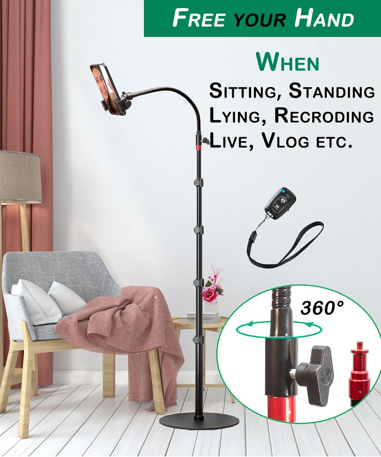 Phone Overhead Stand, Gooseneck Phone Floor Stand, Tall Video Cell Phone Mount with Height Adjustable Stand, Heavy Base, 360 Head, Works with iPhone 16, 16 Pro Max, 16 Plus, 15, 14, 13