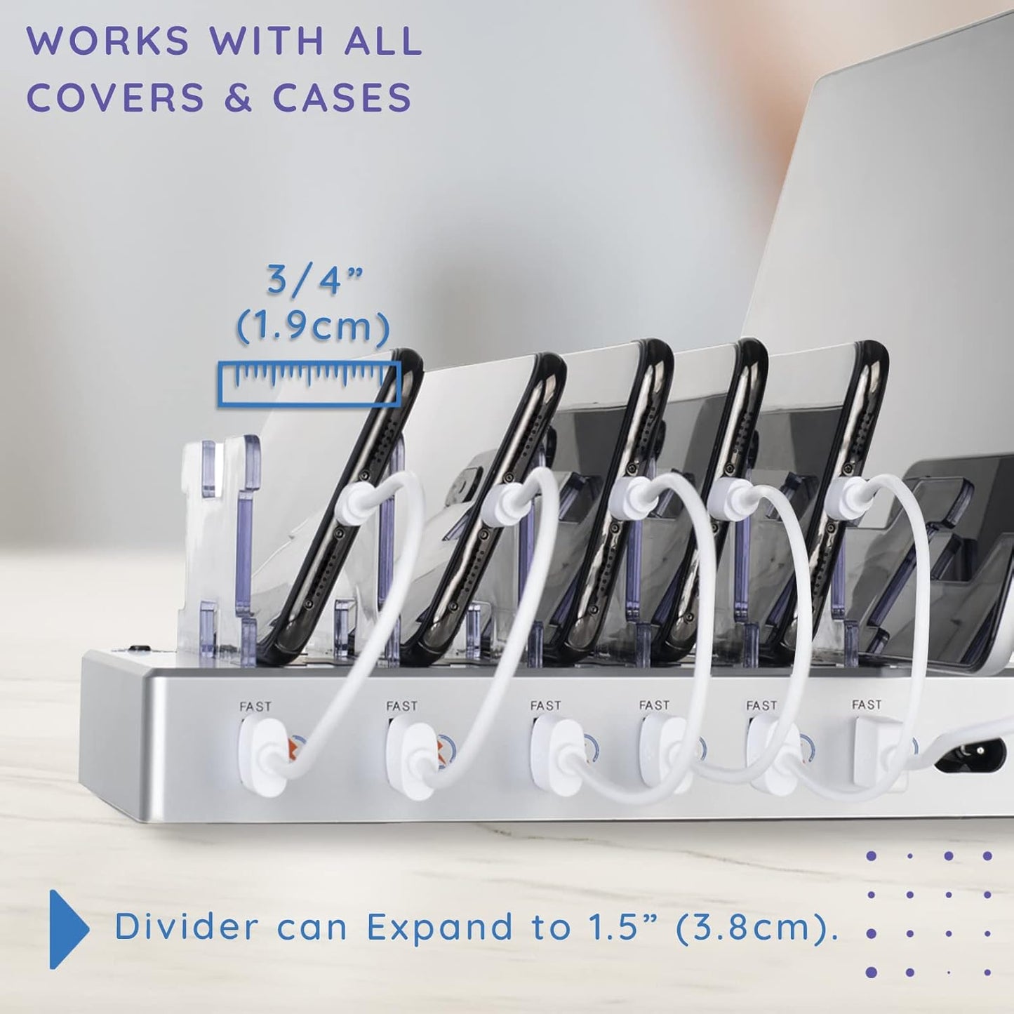 Charging Station for Multiple Devices, with 6 USB Fast Ports, Compatible with Cell Phones, Smart Phones, Tablets, and Other Electronics (Silver)