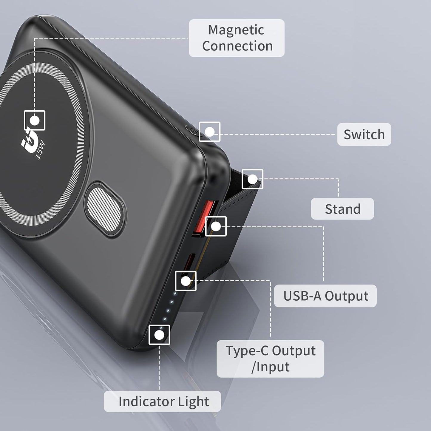 Magnetic Power Bank 10000mAh, Wireless Portable Charger with Stand, 15W Fast Charging Magnetic Battery Pack w/USB-C, Compatible with Magsafe iPhone 15/15 Plus/15 Pro/15 Pro Max, iPhone 14/13/12 Series