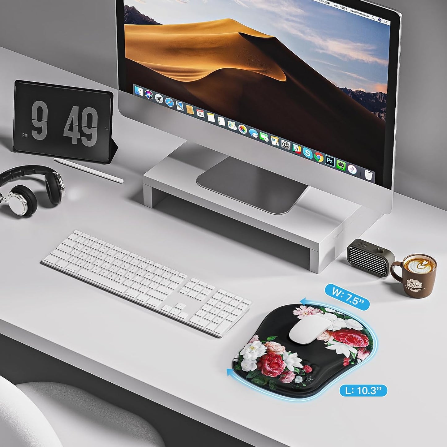 Mouse Pad with Wrist Rest, Ergonomic Mousepads with Wrist Support, Soft Lycra Fabric Memory Foam Office Desk Accessories for Comfort/Pain Relief/PC Gaming/Computer/Laptop (Black Peony)