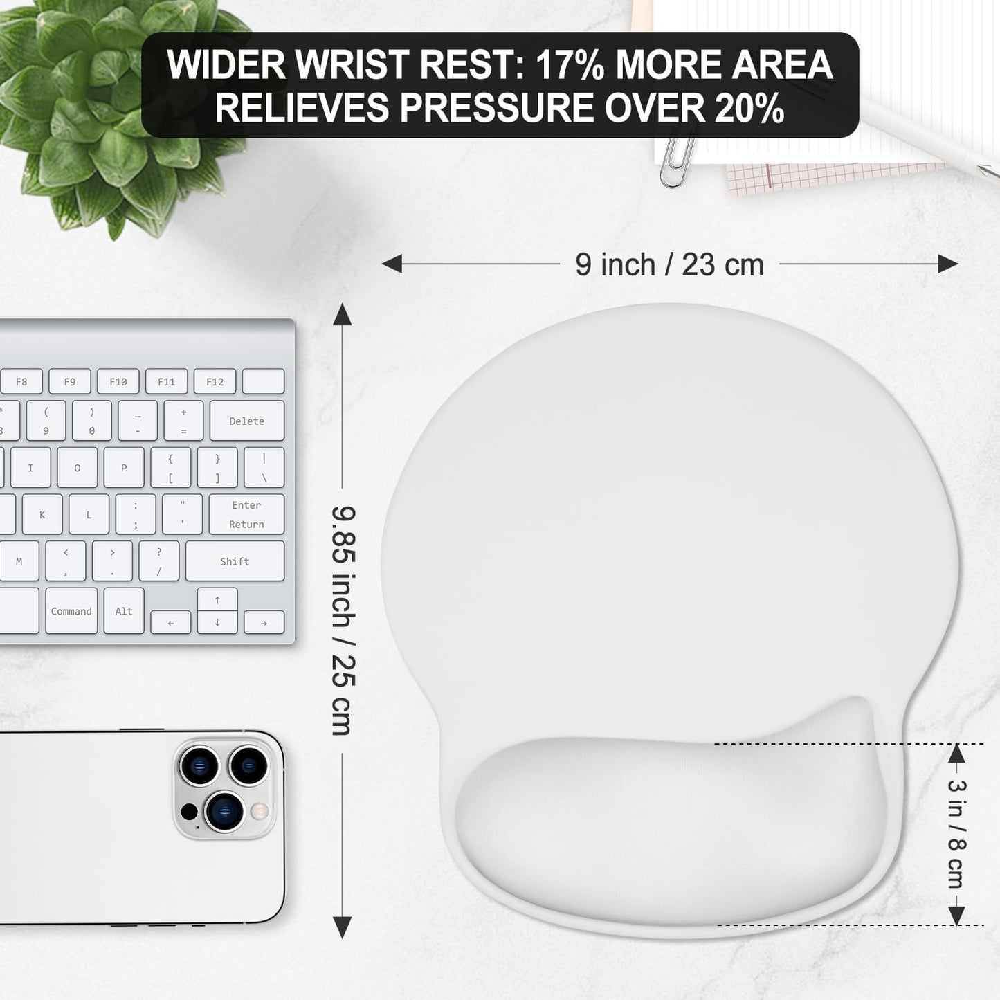 ITNRSIIET Ergonomic Mouse Pad with Wider Memory Foam Wrist Rest +17% - Curved Cushion Reduces Pressure 20%, Pain Relief, Non-Slip, Smooth, Cute Colors, 9.85 x 9 in, White