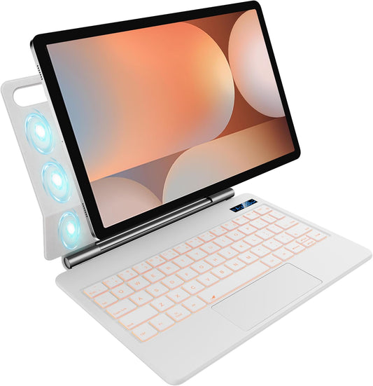 Keyboard Case for 12.4-inch Samsung Galaxy Tab S10+ Plus/S9+ Plus/S9 FE+ Plus/S8+ Plus/S7FE/S7+ Plus, 7 Colour Backlit, Multi-Touch Trackpad, Floating Magnetic Design, Battery Display, White
