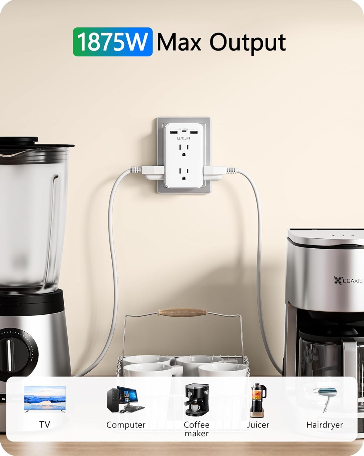 LENCENT 2 to 3 Prong Outlet Adapter, 2 Prong Power Strip with 6 AC Sockets 3 USB Ports(1 USB C), 3-Sided Wall Plug Splitter, 1875W Max, Compact Adapter for Non-Grounded Outlets in Old Houses