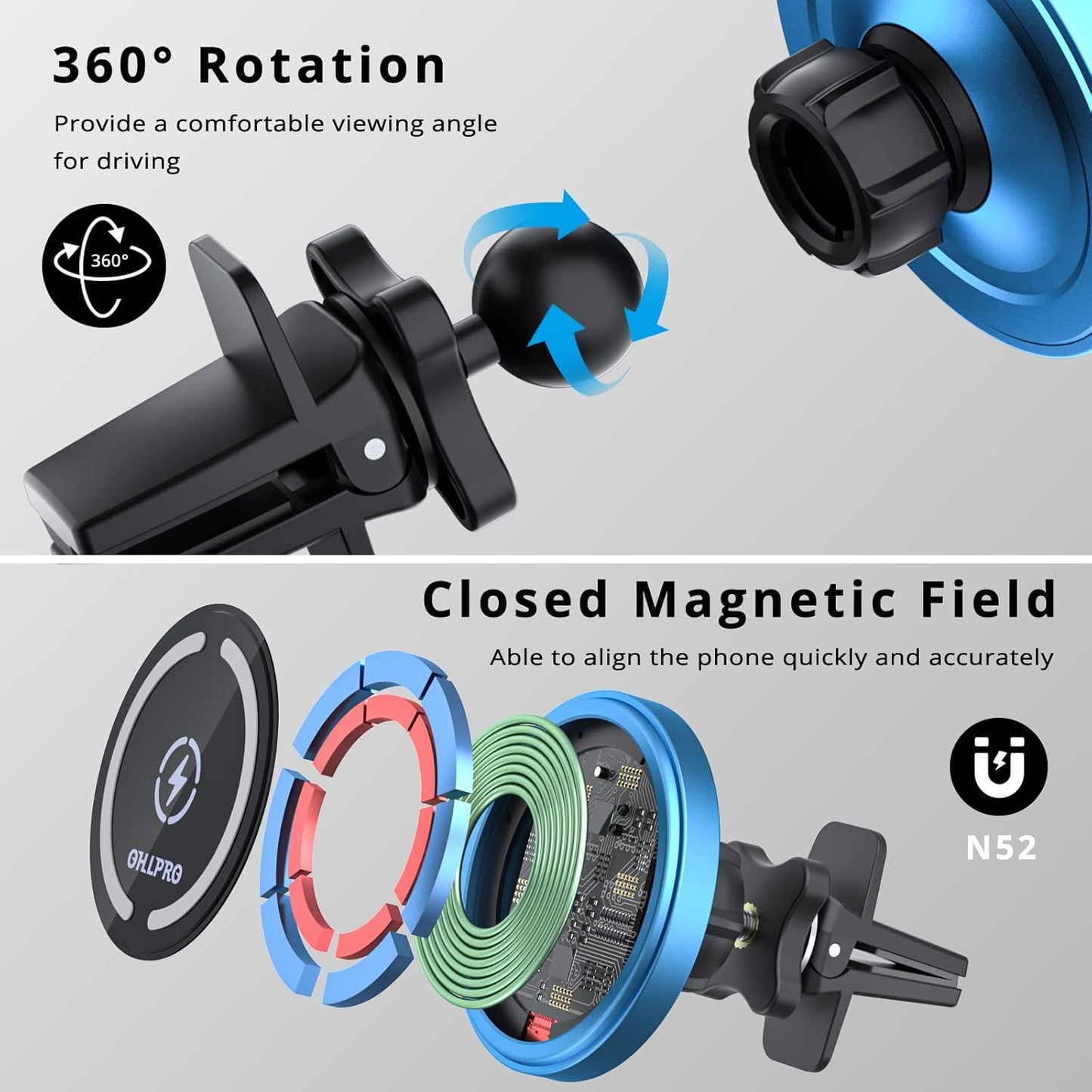 OHLPRO for iPhone16 Magsafe Car Mount Charger, 15W Fast Charging Dashboard Magnetic Car Phone Holder - Vent Clip and 3M Adhesive Base Never Block Air for iPhone 15/14/13/12 Series Magsafe Case, Blue