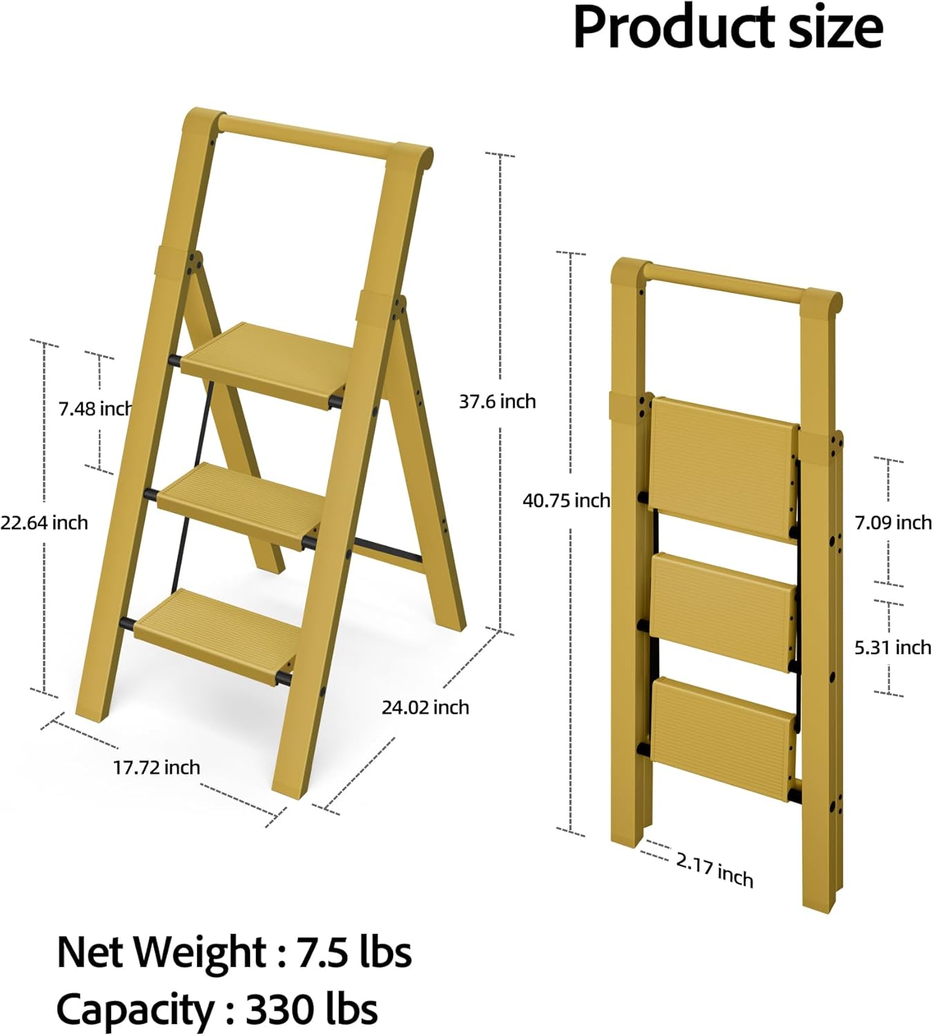 Taranta 3 Step Ladder, Lightweight Aluminum Step Stool with Convenient Handgrip, Folding Ladder with Anti-Slip Pedals, 330lbs Capacity Stepladder for Home, Office, Kitchen - Twilight Yellow