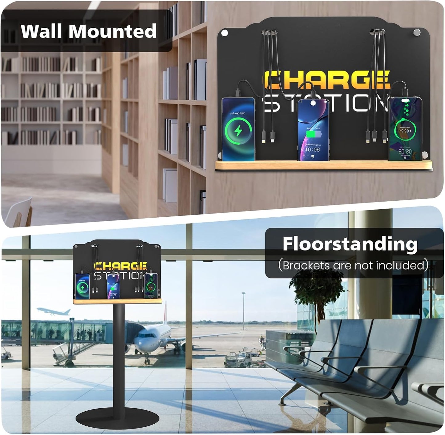 Wall Mount Charging Station with 8 Ports Phone Charger | Advertising Cell Phone Charging Station with Bamboo Organizer | Application for Schools, Office, Library, University