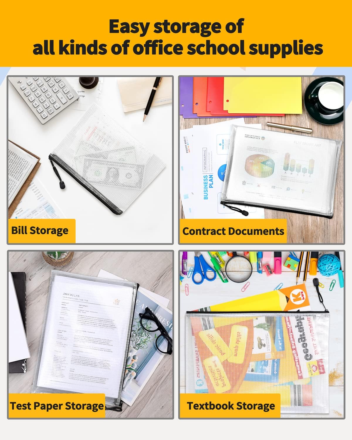 SUNEE Plastic Mesh Zipper Pouch 11x16 in (Black, 12 Packs) Extra Large Zip File Bags for Office Supplies, Cosmetics, Travel Storage, Bills, Accessories, Puzzles & Games Organizing Storage