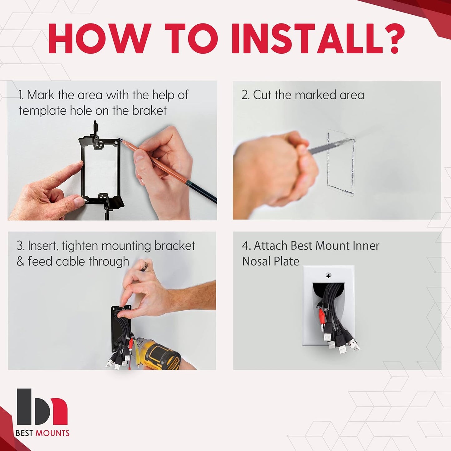 BestMounts - 6 Pack Inner Nose Behind Wall Cable Management TV Cord Hider for Wall Mounted TV - Single Gang Low Voltage Recessed Wall Plates Cable Pass Through for Wires, HDTV, HDMI (White)