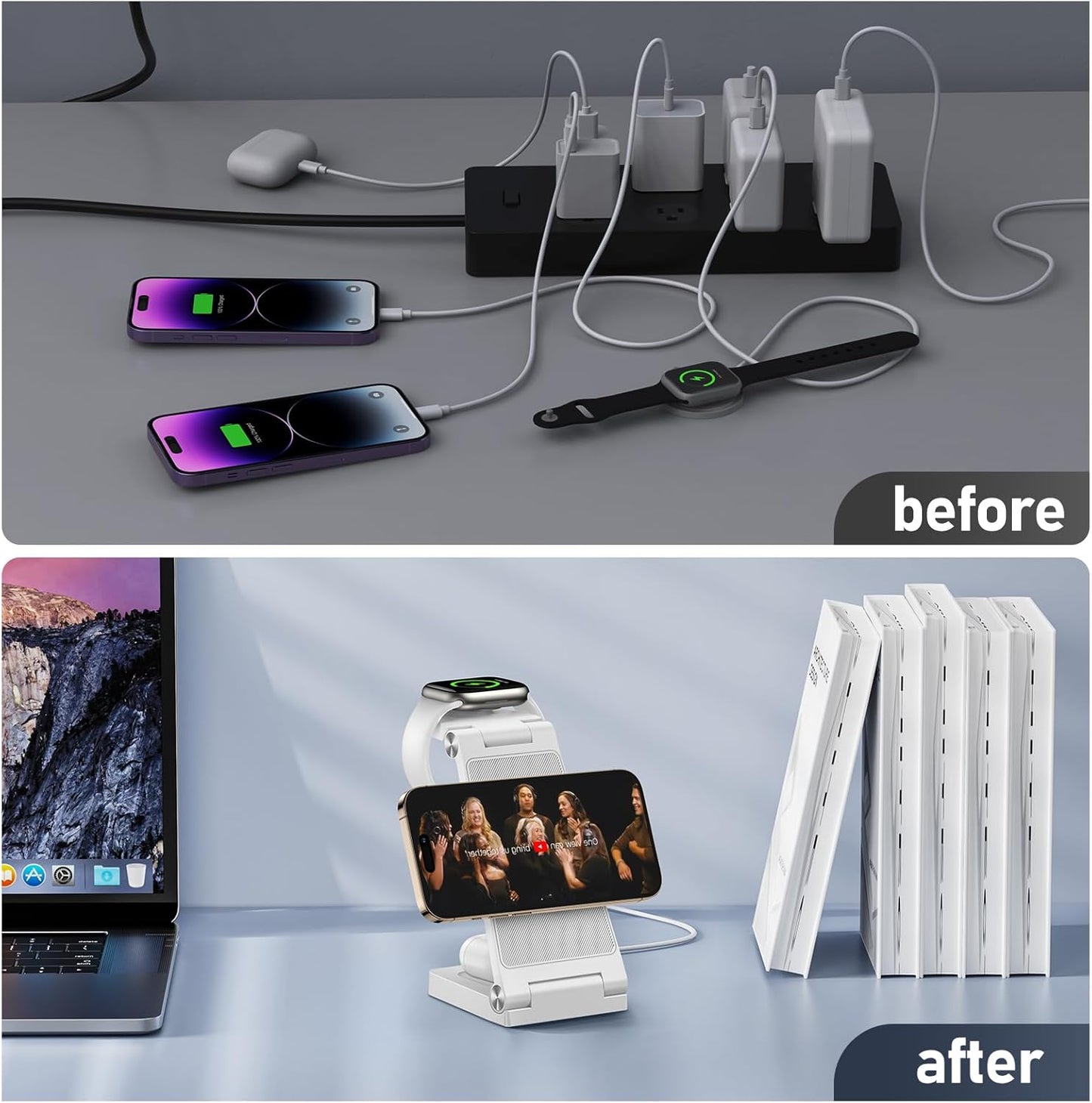 Magnetic Wireless Charger Stand, 3 in 1 Foldable Wireless Charging Station, Travel Charger for Multiple Devices for iPhone 16 15 14 13 12 Series, Apple Watch Ultra/SE/9/8/7/6/5/4/3/2, AirPods