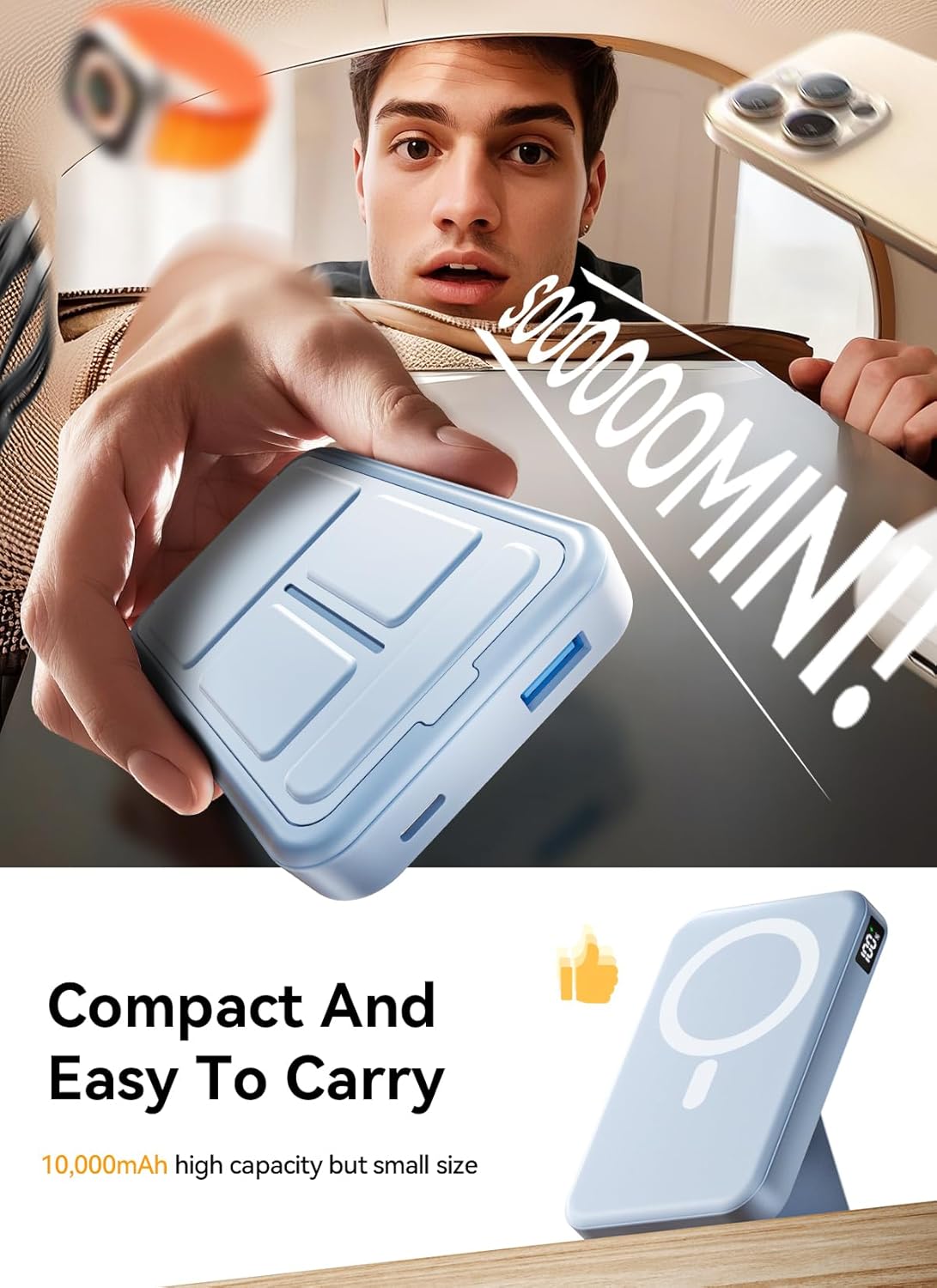 Magnetic Portable Charger, 10000mAh Wireless Power Bank with 20W USB-C Fast Charging, Foldable Stand & LED Display Magnetic Battery Pack, Compatible with iPhone 16/15/14, Sky Blue