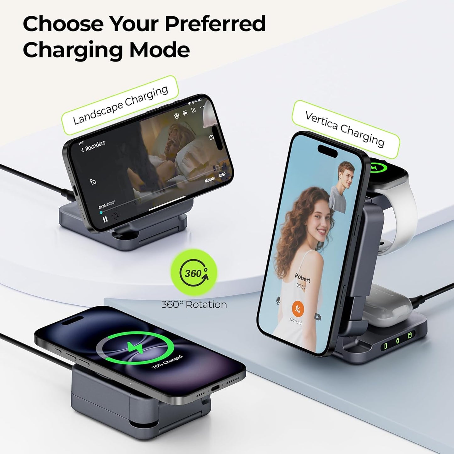 【2025 Upgraded】 Wireless Charger 3 in 1, Foldable Wireless Charging Station, Travel Magnetic Charger Stand, Nightstand 15W Charging Station for iPhone 16 Samsung S25 Samsung Watch TWS Earphone