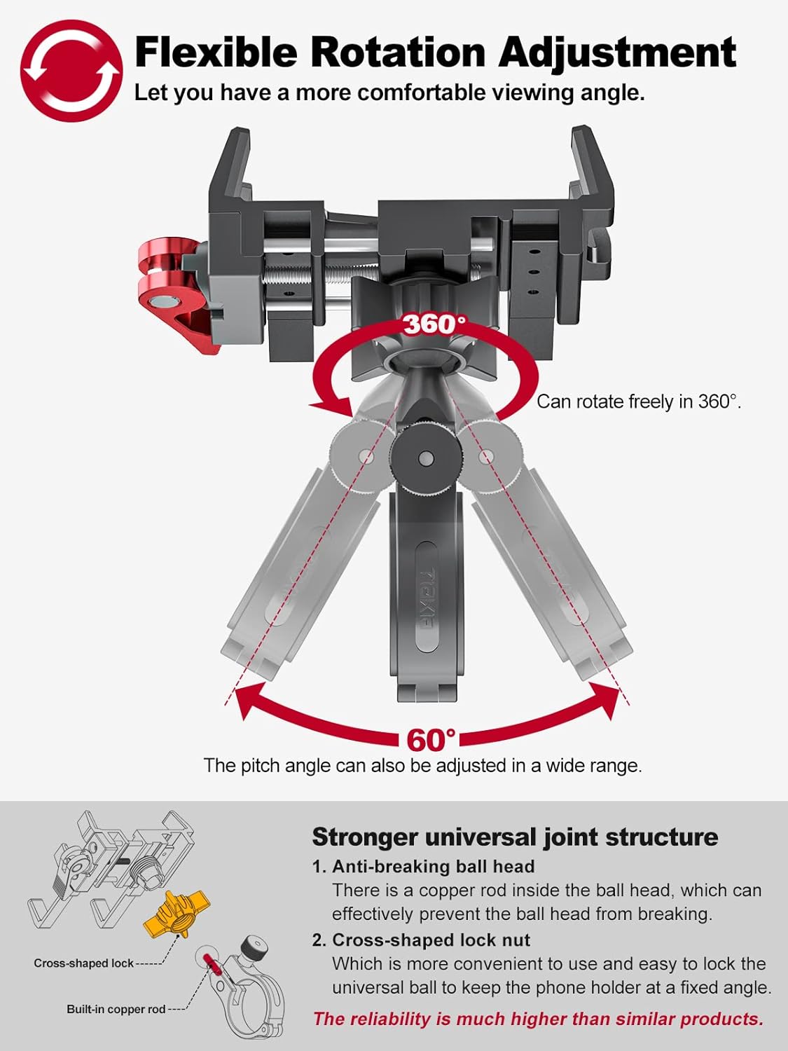 Tiakia Bike Phone Mount Holder, Aluminum Motorcycle Phone Mount, Handlebar Mounted Cell Phone Holder for Bike, 360° Rotation, Universal Bicycle Phone Mount for 4.5-7 Inch Phones