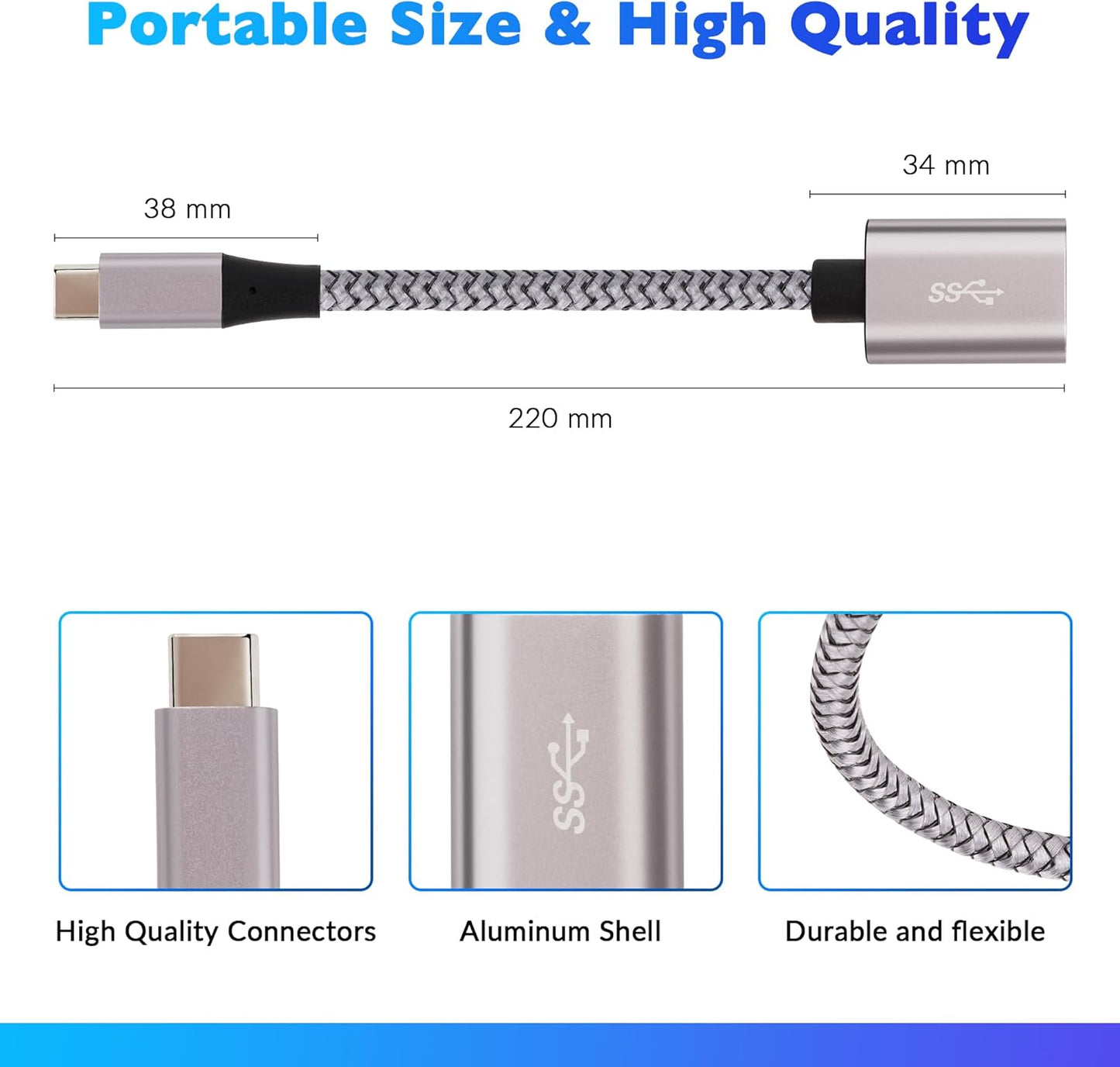 USB-C to USB 3.1 Adapter(2 Pack), Nylon Braided Type-C OTG Cable USB C Male to USB A 3.0 Female Connector for iPhone 15,iPhone 15 ProMax, Samsung S23 Ultra, MacBook Pro, MacBook Air/Mini, Google Pixel