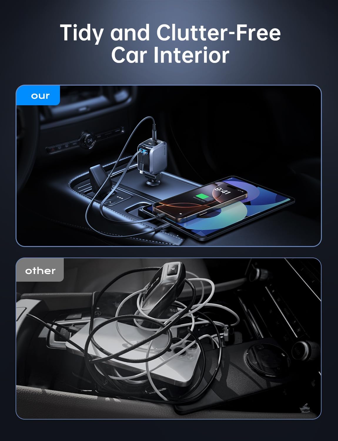 Retractable Car Charger, Car Accessories, 72W Fast Charging USB C Car Charger with 4FT Retractable Cables and 2 Ports, for iPhone 16 15 14 13 12, Samsung etc Warm Grey