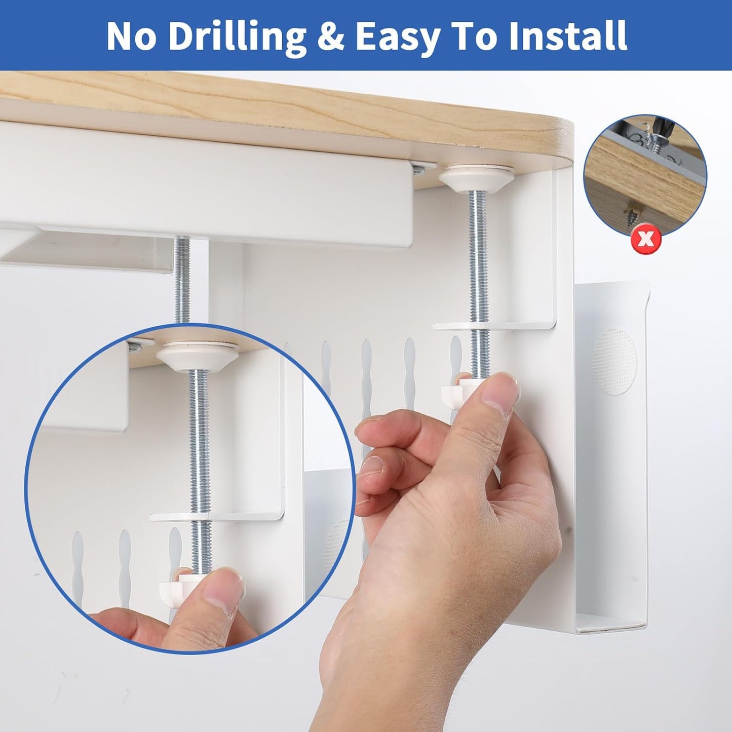 LUKETURE Laptop Holder, Steel Desk Side Storage, No Drill Standing Desk Accessories, Clamp on Laptop Mount with Pen Holder, Fits Flat Edge Tables 0.3" to 2.8" (White, M(1 Tier))